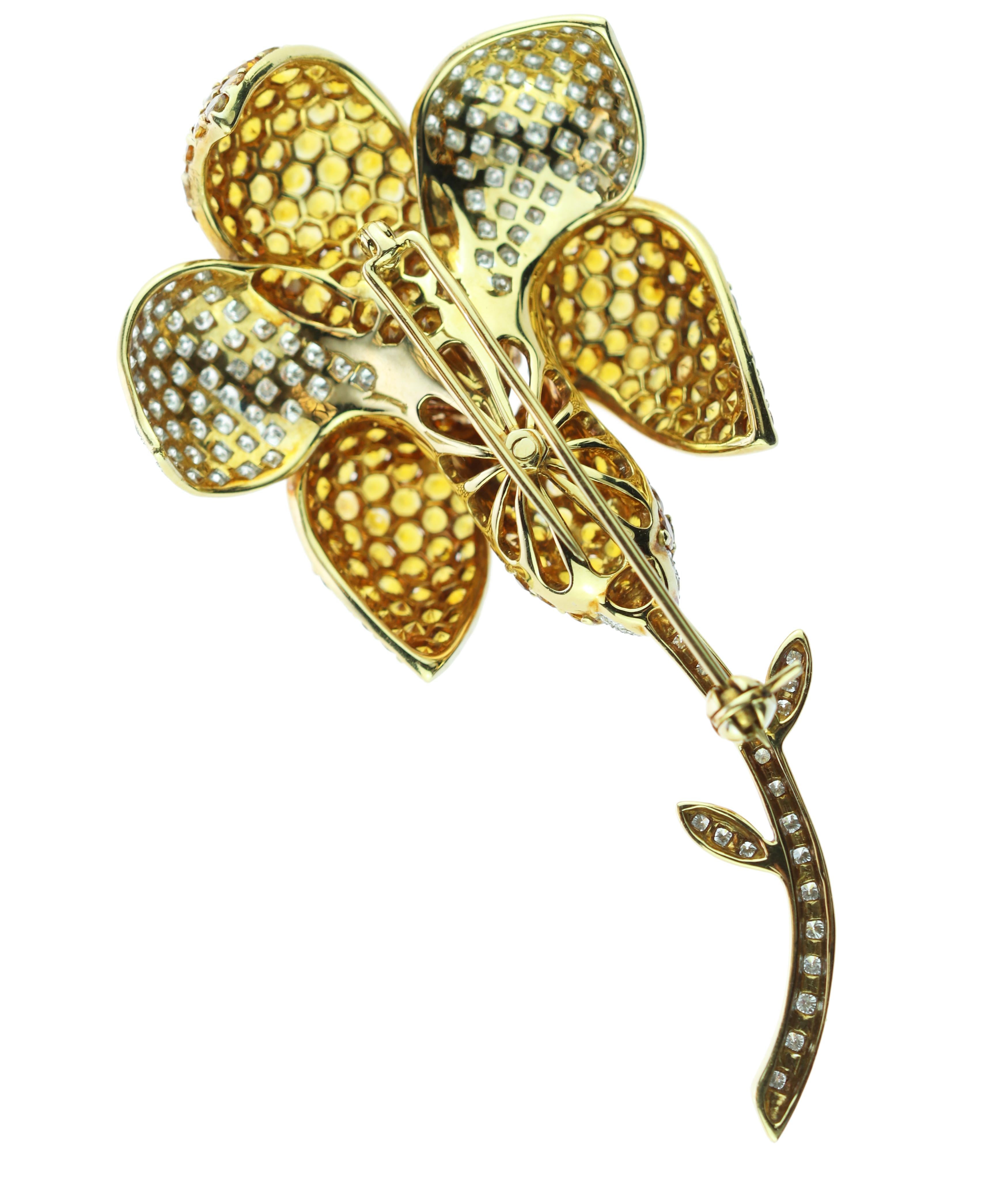Diamond Pave Yellow Sapphire 18 Karat Gold Flower Brooch For Sale 2