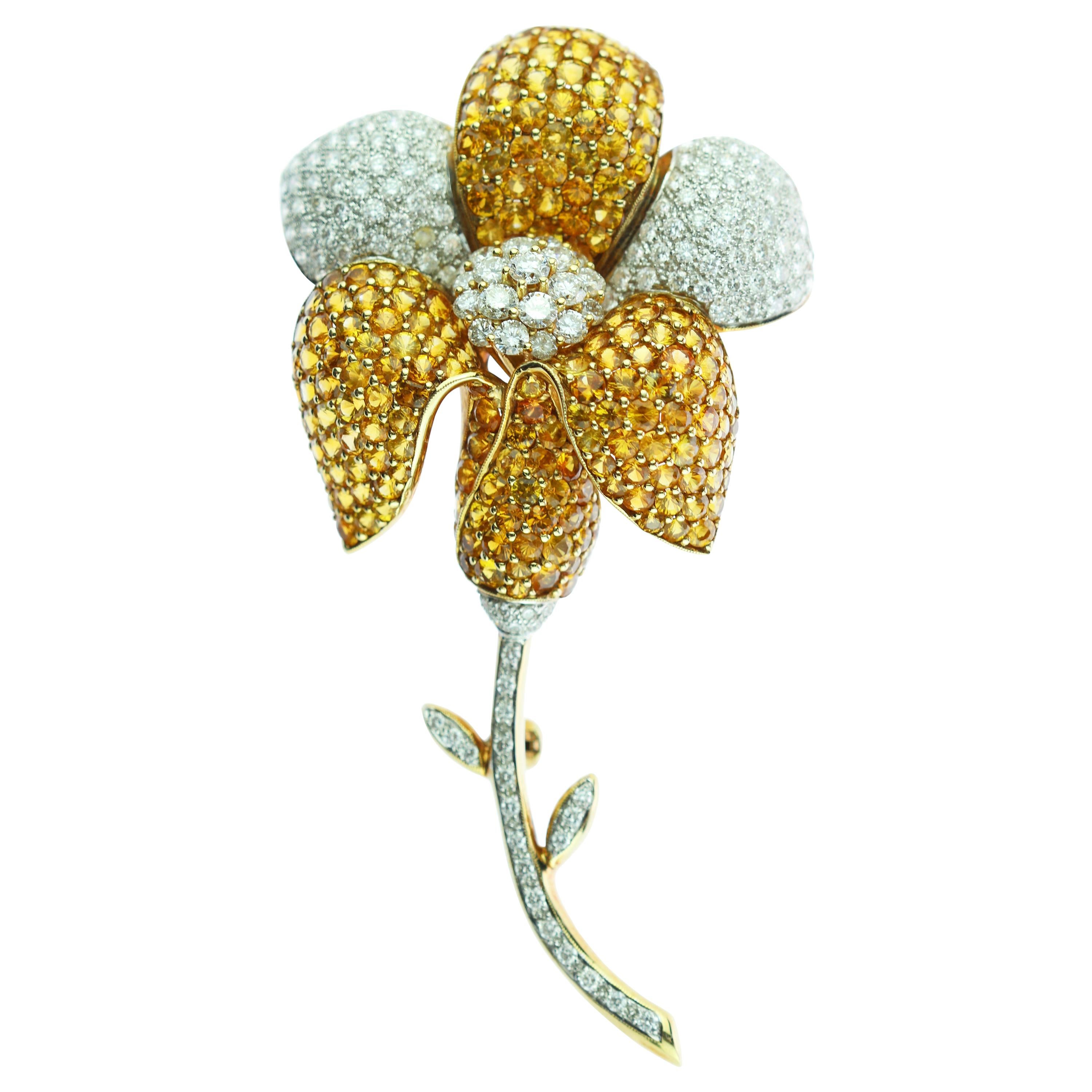 Diamond Pave Yellow Sapphire 18 Karat Gold Flower Brooch