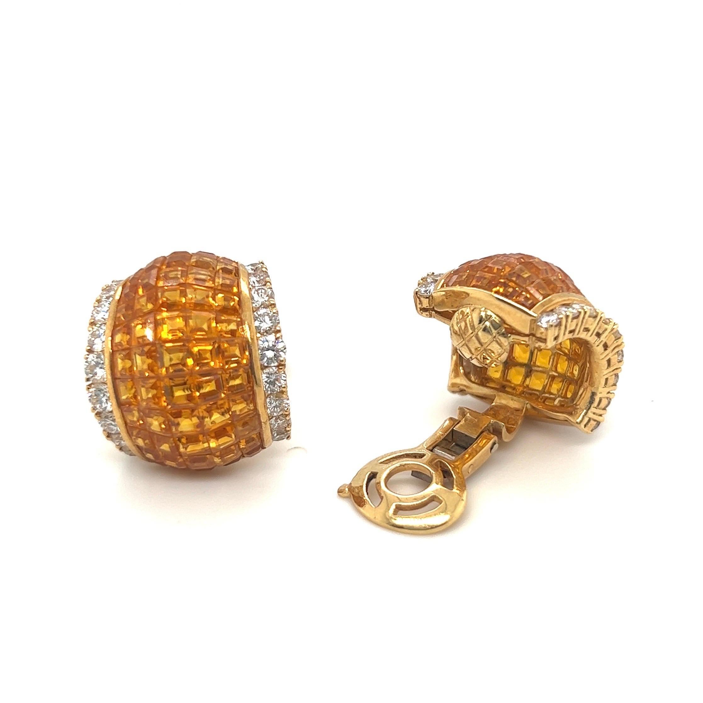 Modern 18 Karat Gold Yellow Sapphire and Diamond Half Hoop Earrings For Sale