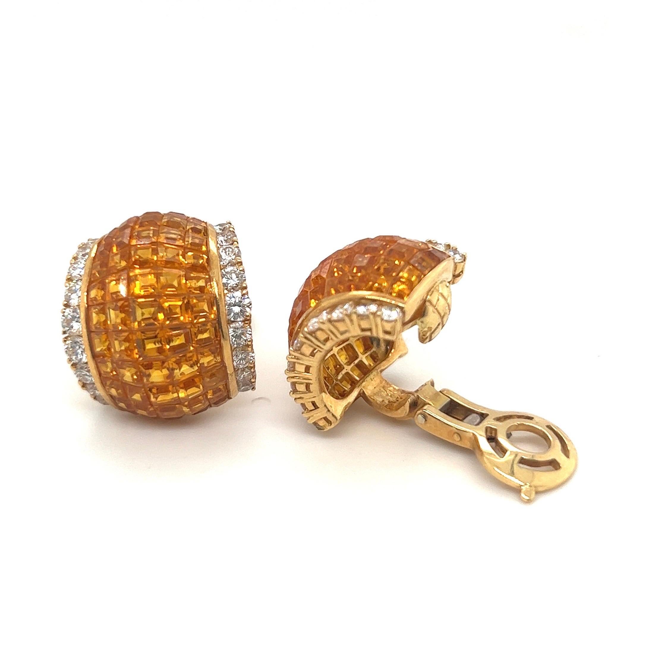Square Cut 18 Karat Gold Yellow Sapphire and Diamond Half Hoop Earrings For Sale
