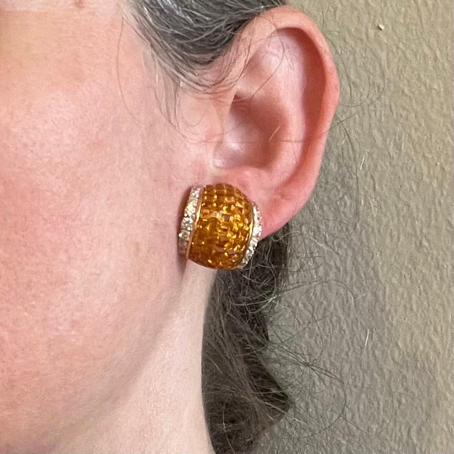 Women's 18 Karat Gold Yellow Sapphire and Diamond Half Hoop Earrings For Sale