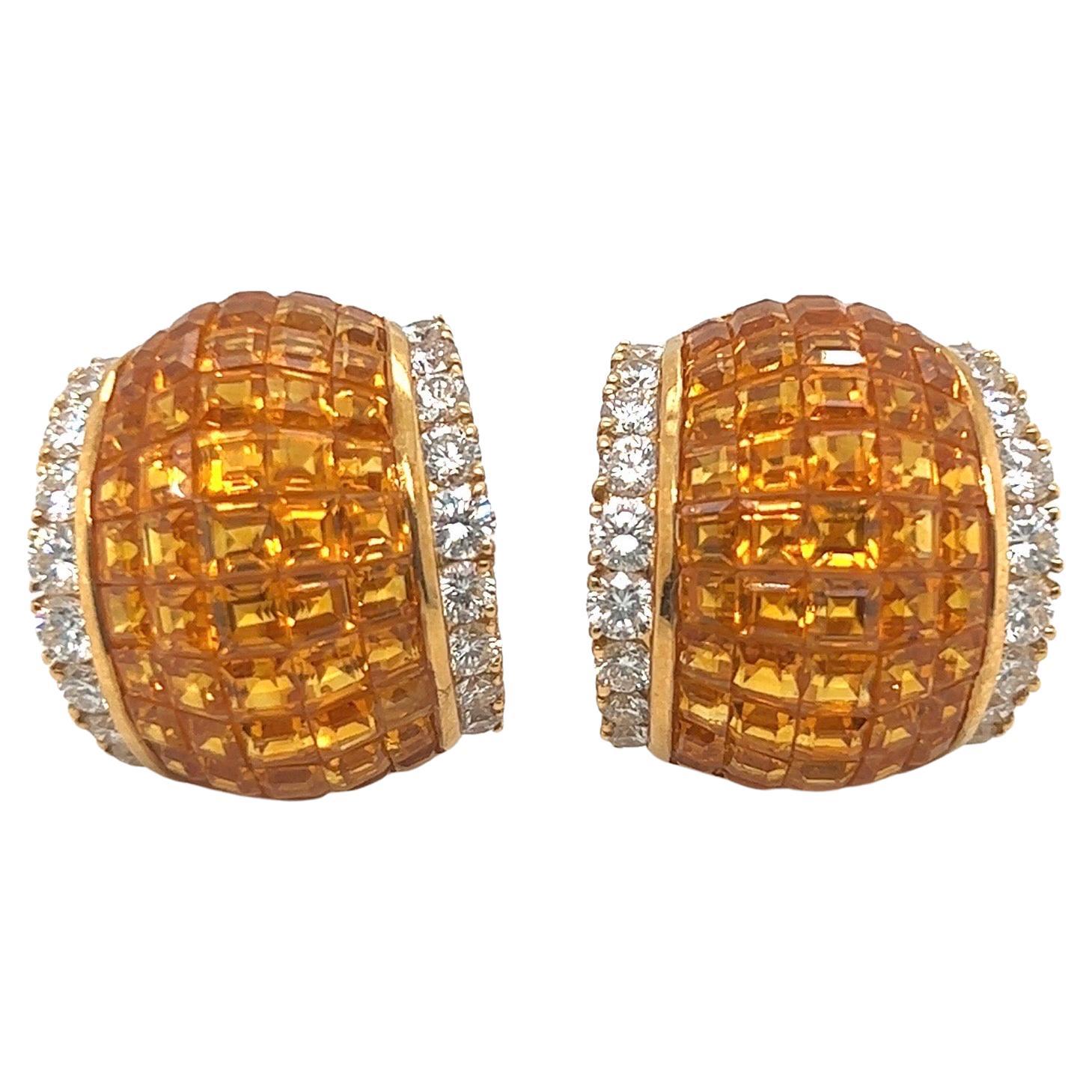 18 Karat Gold Yellow Sapphire and Diamond Half Hoop Earrings For Sale
