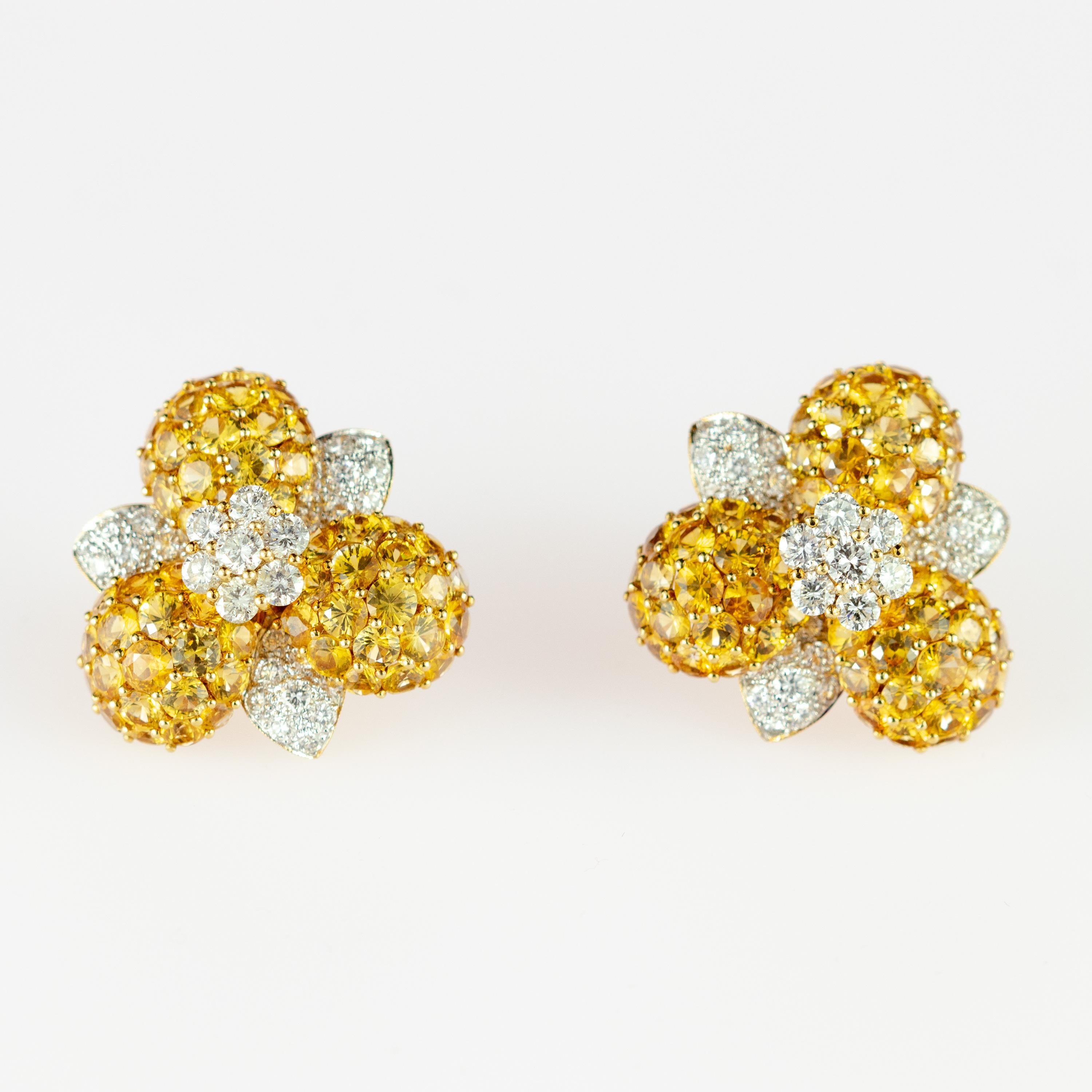 18 Karat Gold Yellow Sapphire Diamond Flower Romantic Stud Lever Back Earrings 5