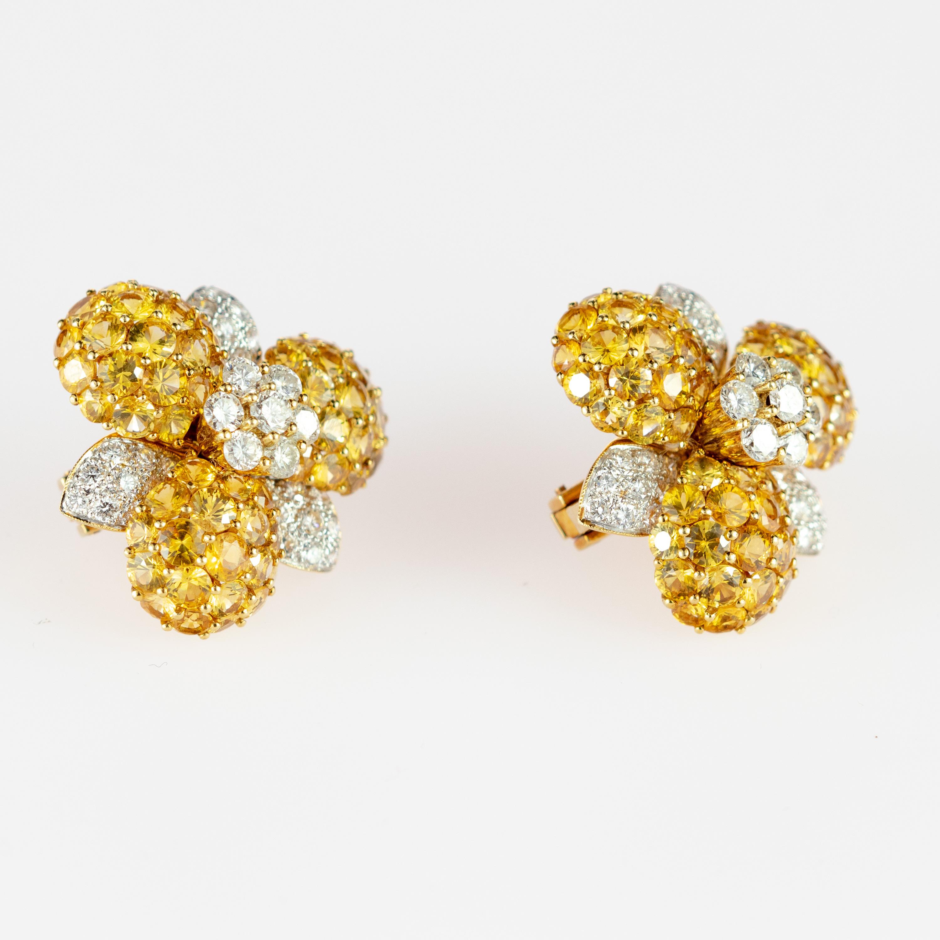 18 Karat Gold Yellow Sapphire Diamond Flower Romantic Stud Lever Back Earrings 6