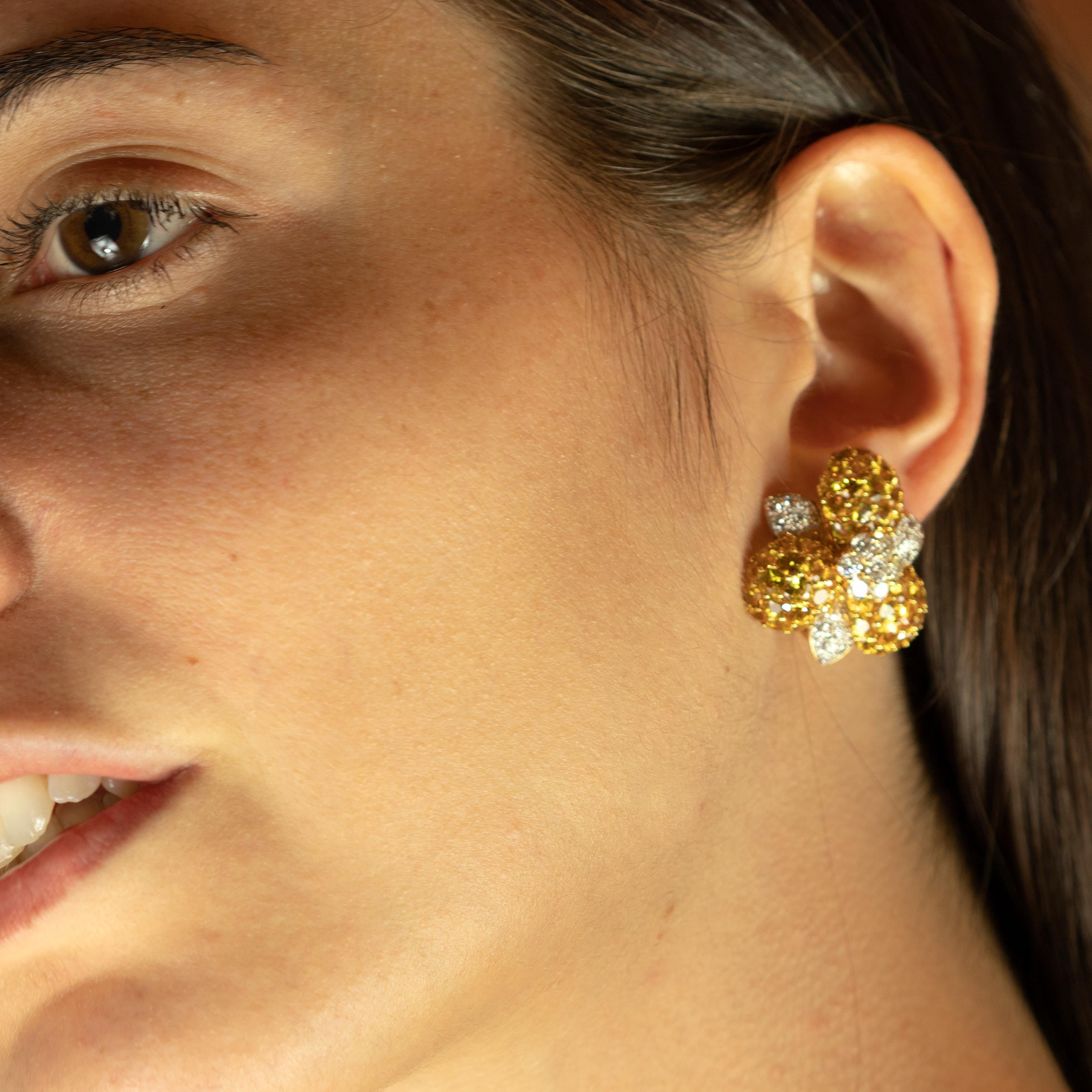 Women's 18 Karat Gold Yellow Sapphire Diamond Flower Romantic Stud Lever Back Earrings