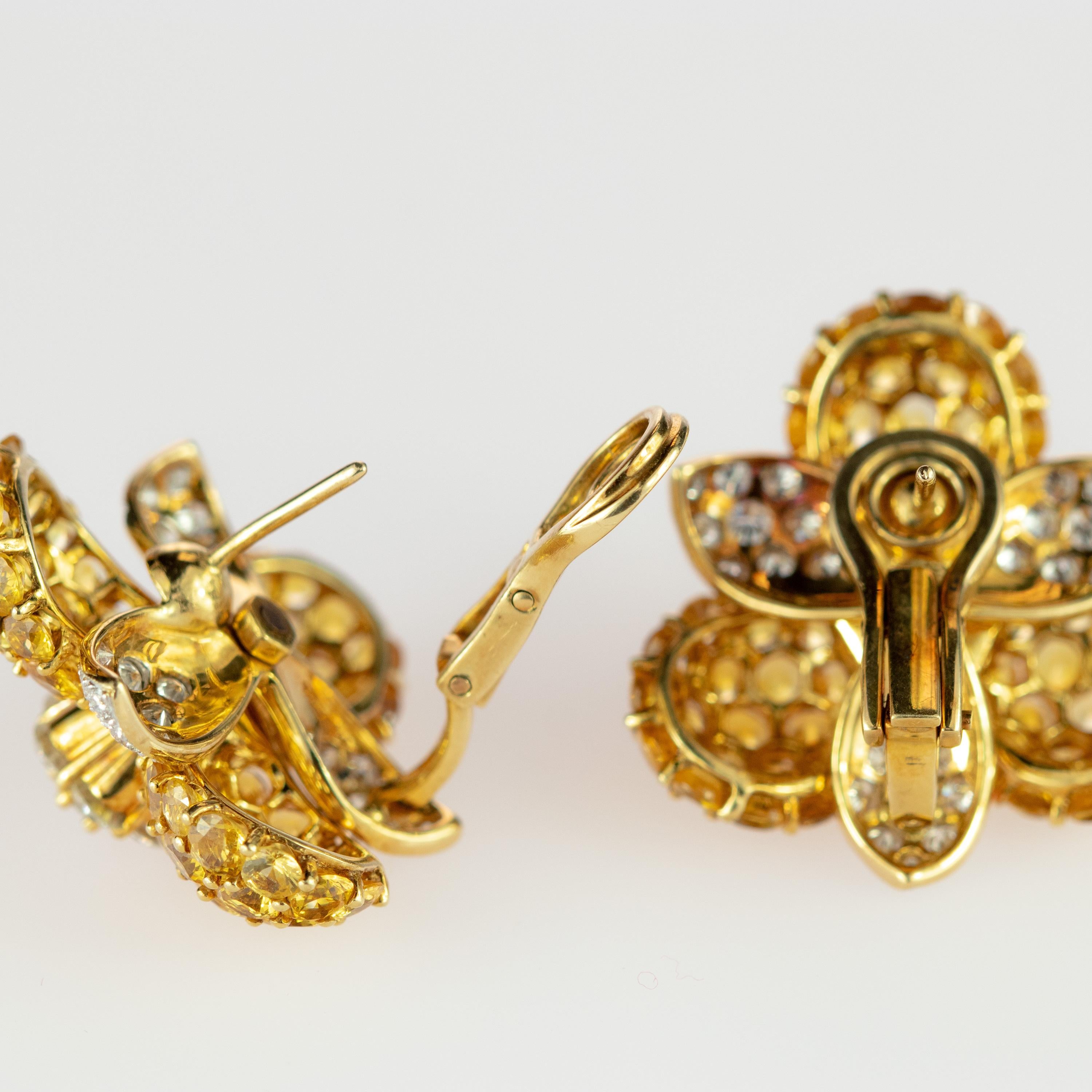 18 Karat Gold Yellow Sapphire Diamond Flower Romantic Stud Lever Back Earrings 2