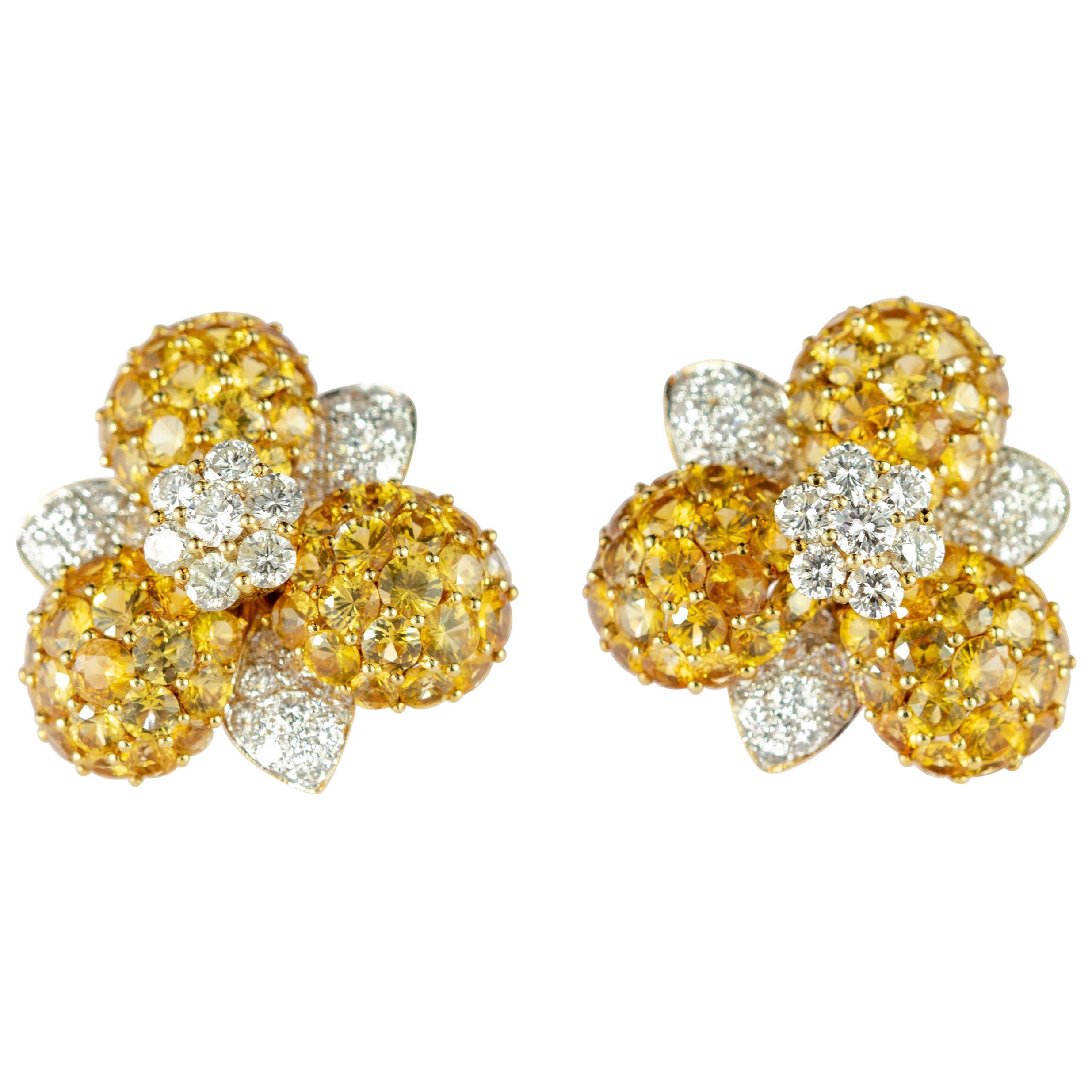 18 Karat Gold Yellow Sapphire Diamond Flower Romantic Stud Lever Back Earrings
