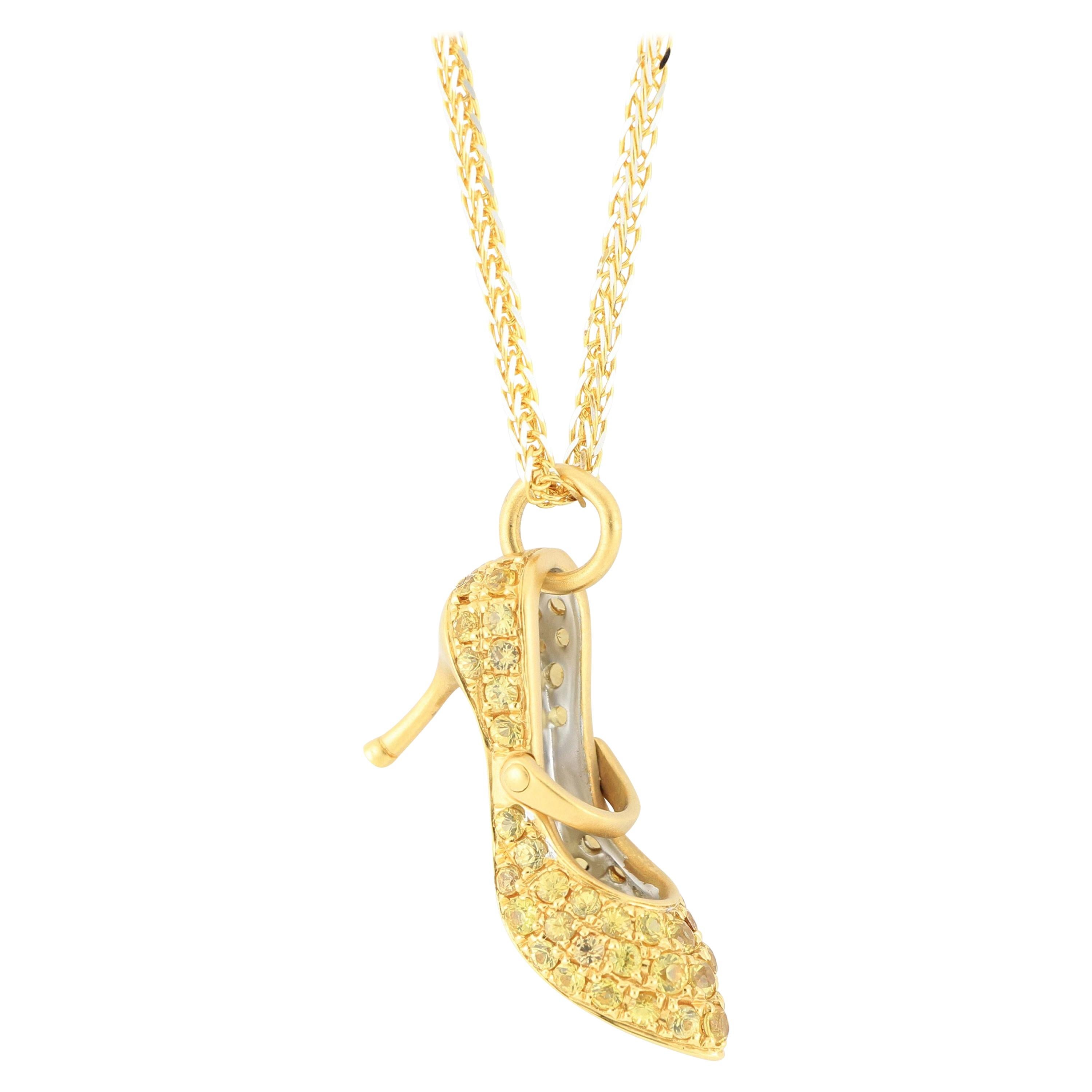 18 Karat Gold Yellow Sapphire High Heel Shoe Pendant with Necklace For Sale