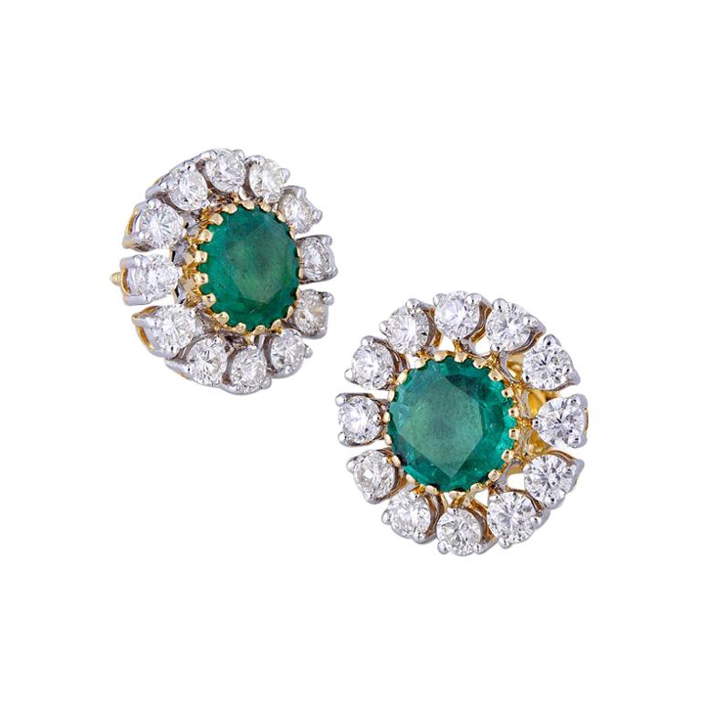 4.96 Carat Zambian Emerald Diamond 18k Gold Stud Earrings