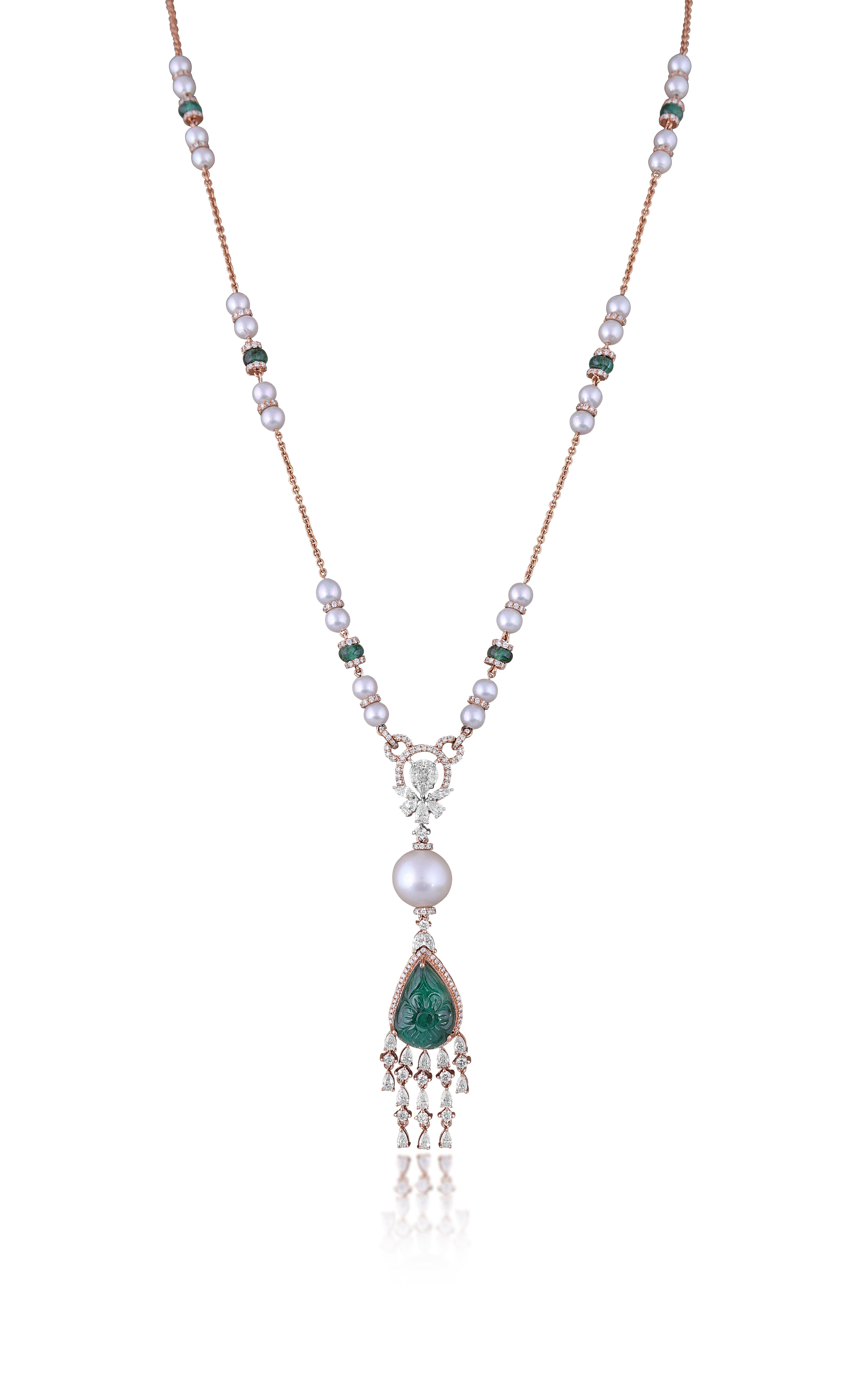 Pear Cut Hand Carved Emerald Pearls Diamond 18k Rose Gold Chain Necklace  For Sale