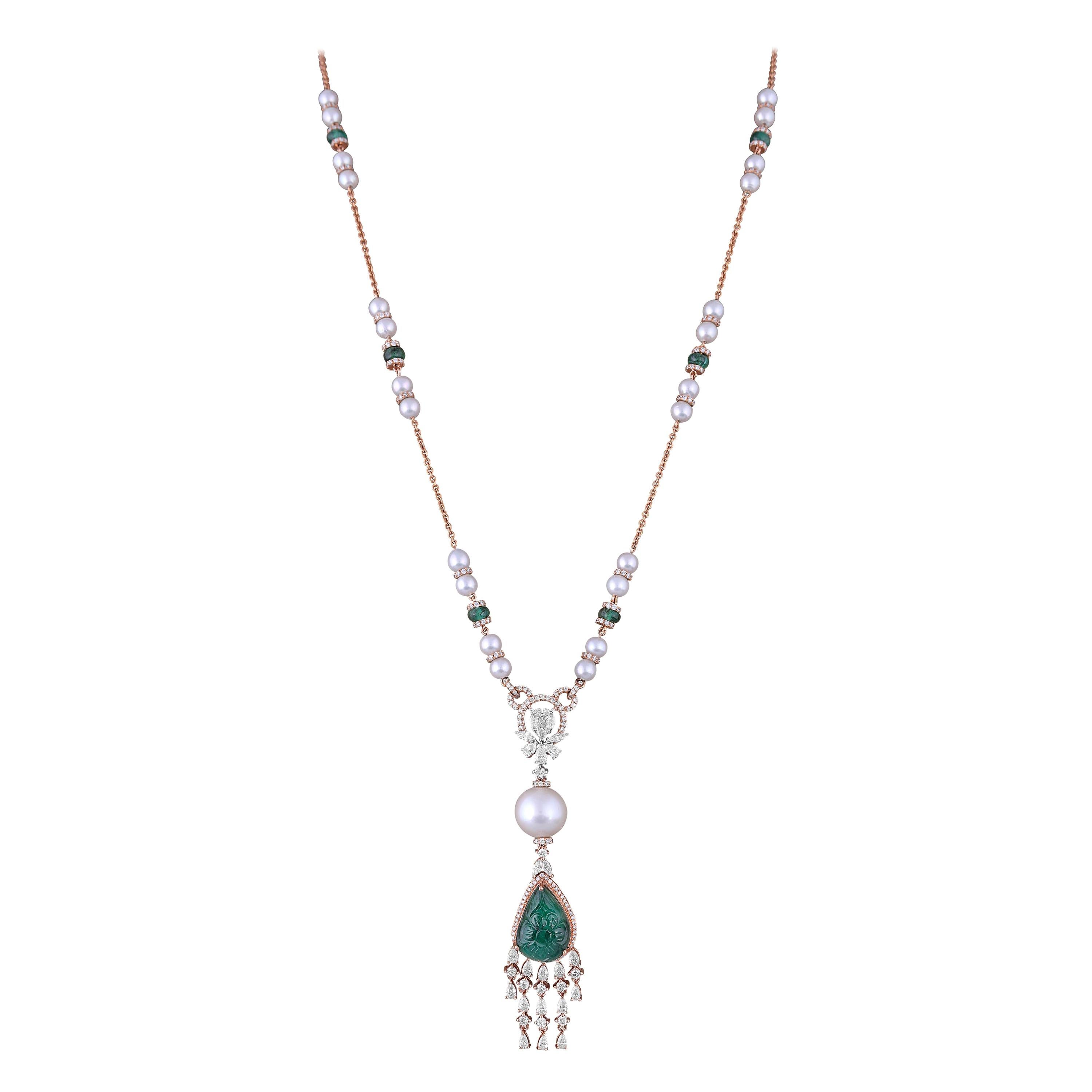 Hand Carved Emerald Pearls Diamond 18k Rose Gold Chain Necklace  For Sale