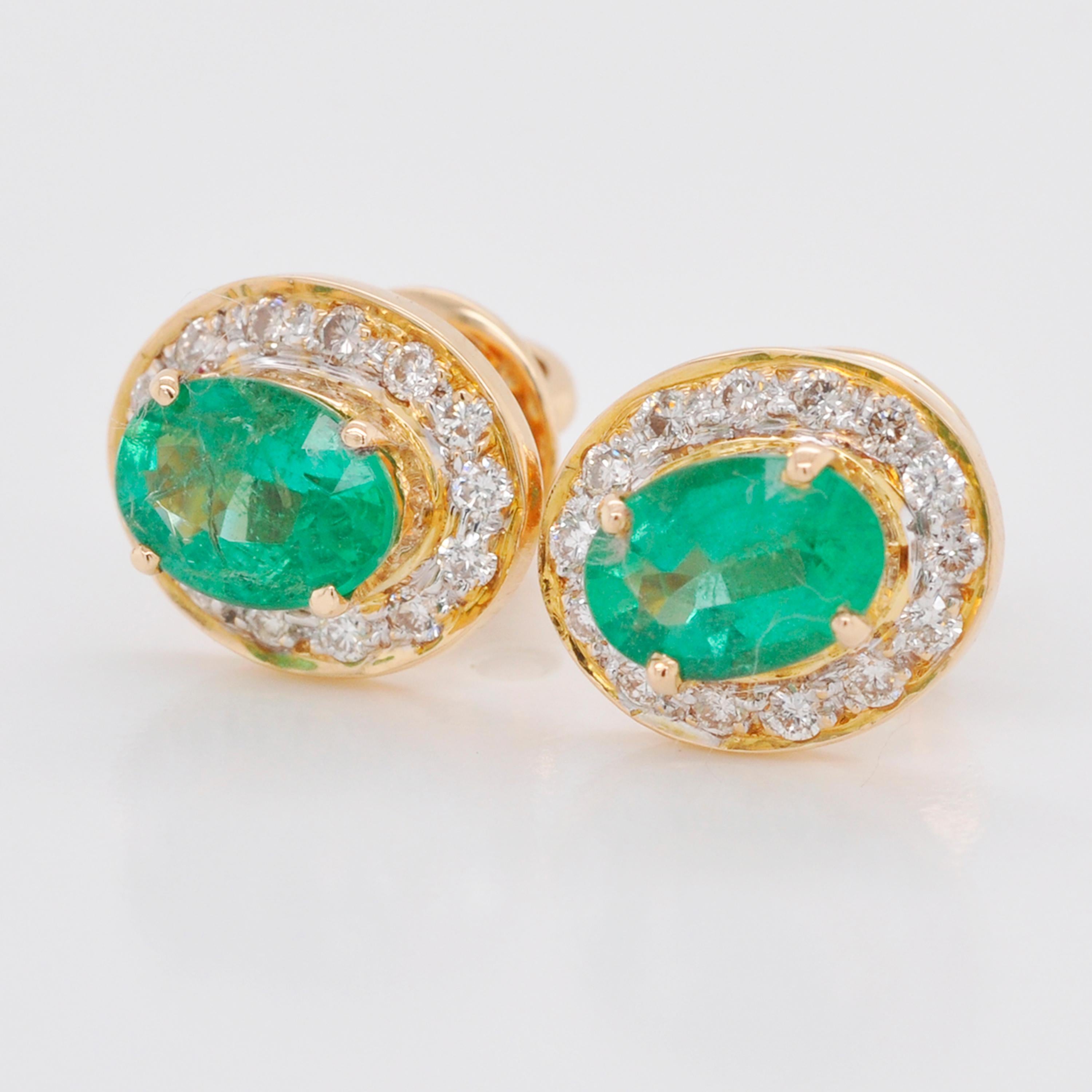 18 Karat Gold Zambian Oval Emerald Diamond Stud Earring For Sale 2
