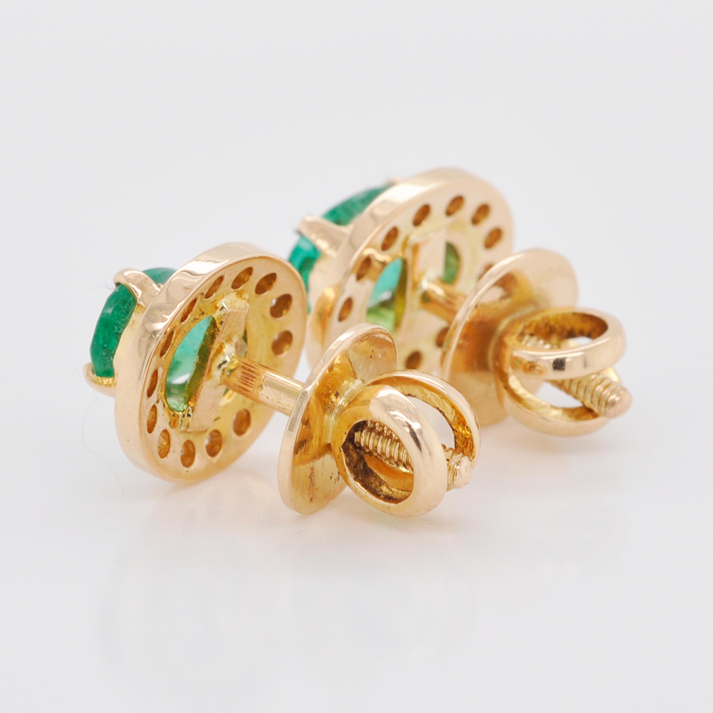 Women's 18 Karat Gold Zambian Oval Emerald Diamond Stud Earring For Sale
