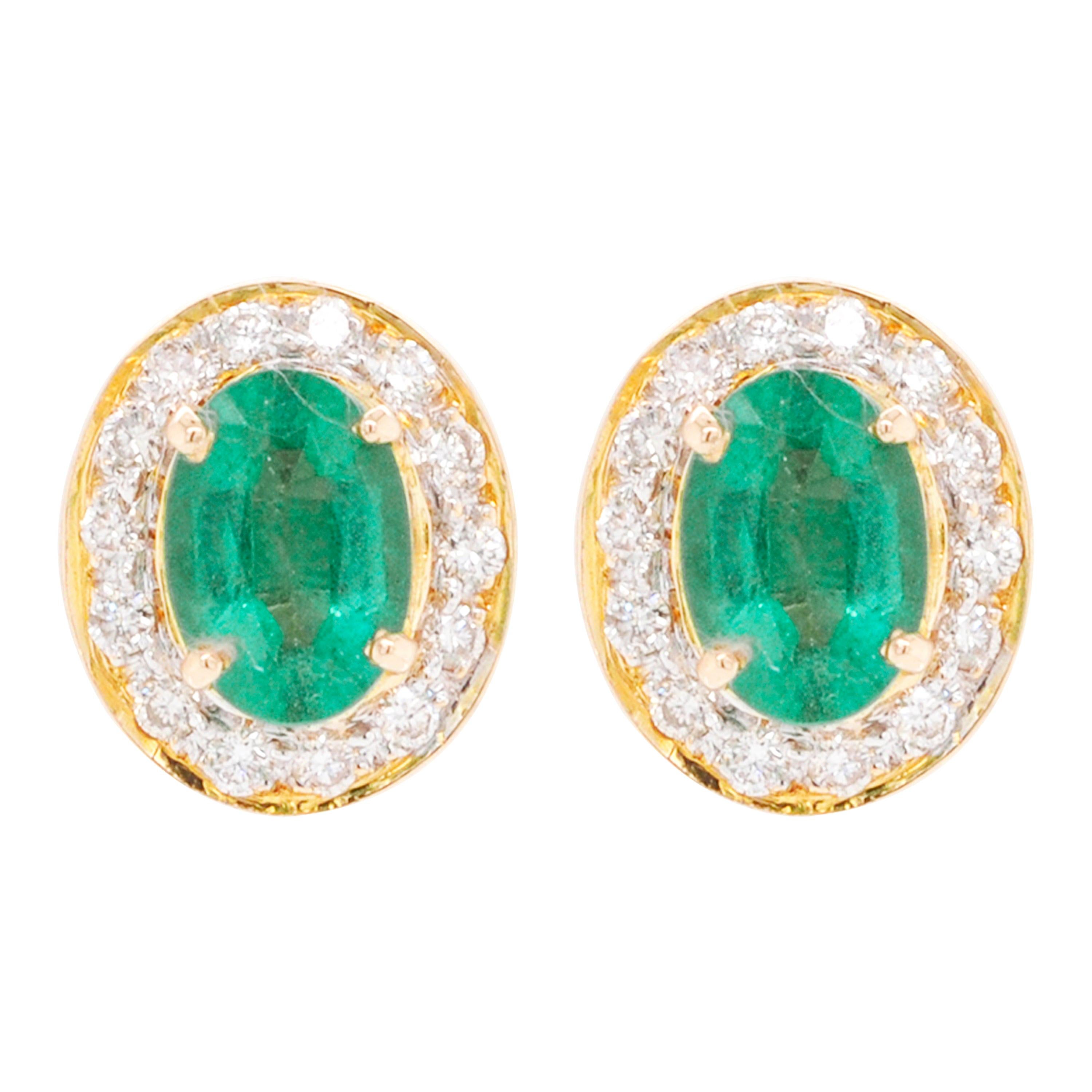 18 Karat Gold Zambian Oval Emerald Diamond Stud Earring For Sale
