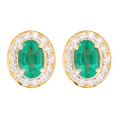 18 Karat Gold Zambian Oval Emerald Diamond Stud Earring