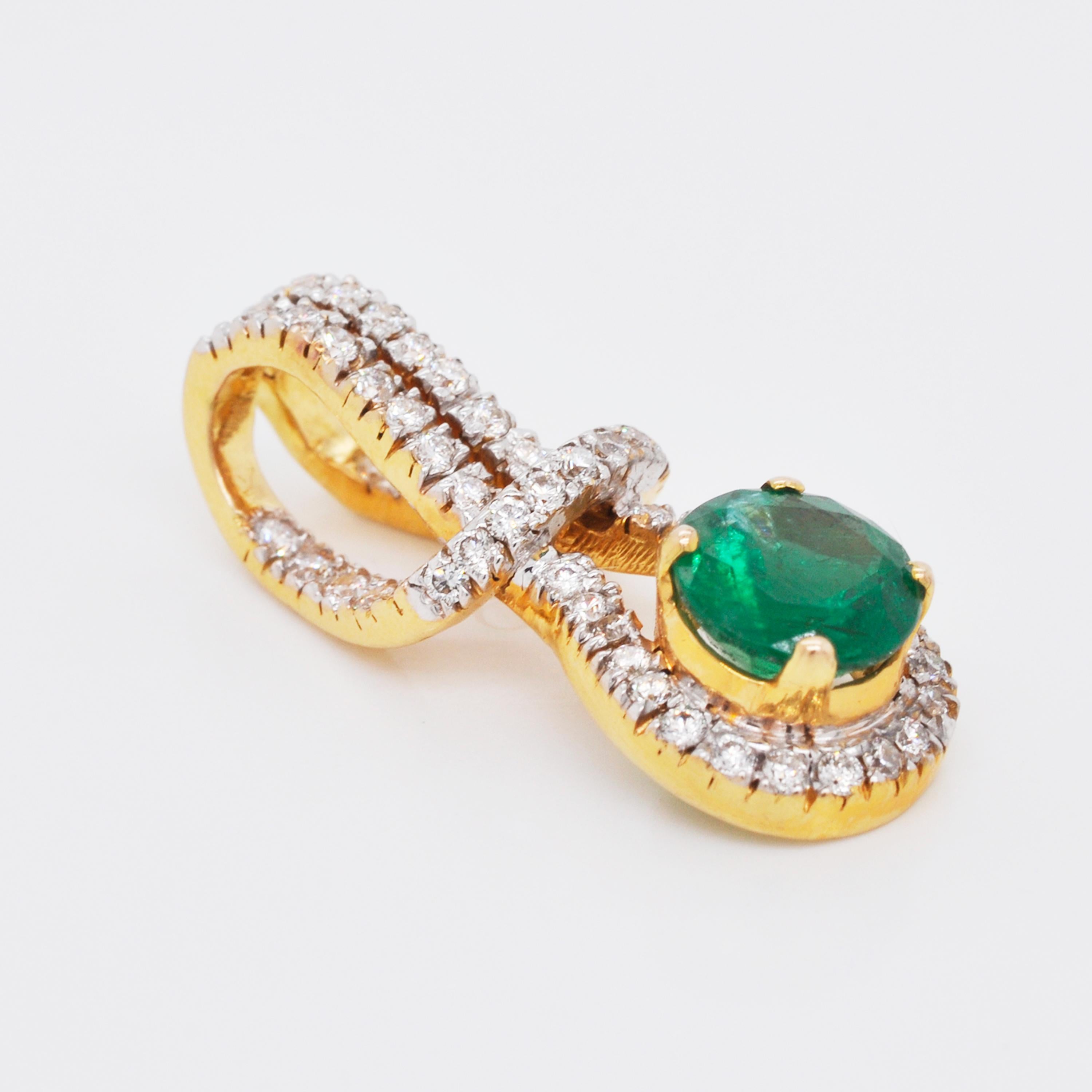 Women's 18 Karat Yellow Gold Zambian Emerald Round Diamond Pendant Necklace For Sale