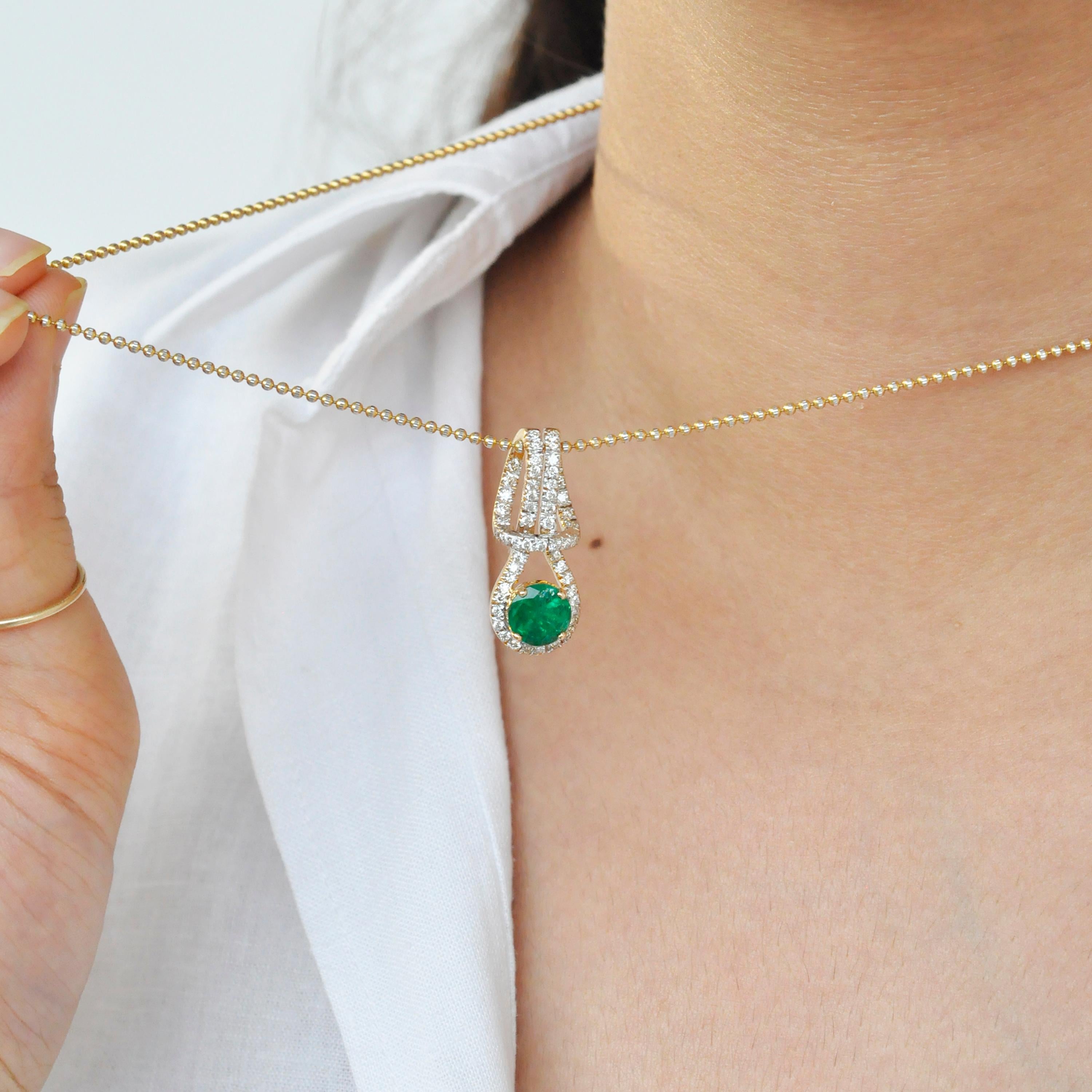 18 Karat Yellow Gold Zambian Emerald Round Diamond Pendant Necklace For Sale 4