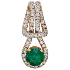 18 Karat Yellow Gold Zambian Emerald Round Diamond Pendant Necklace