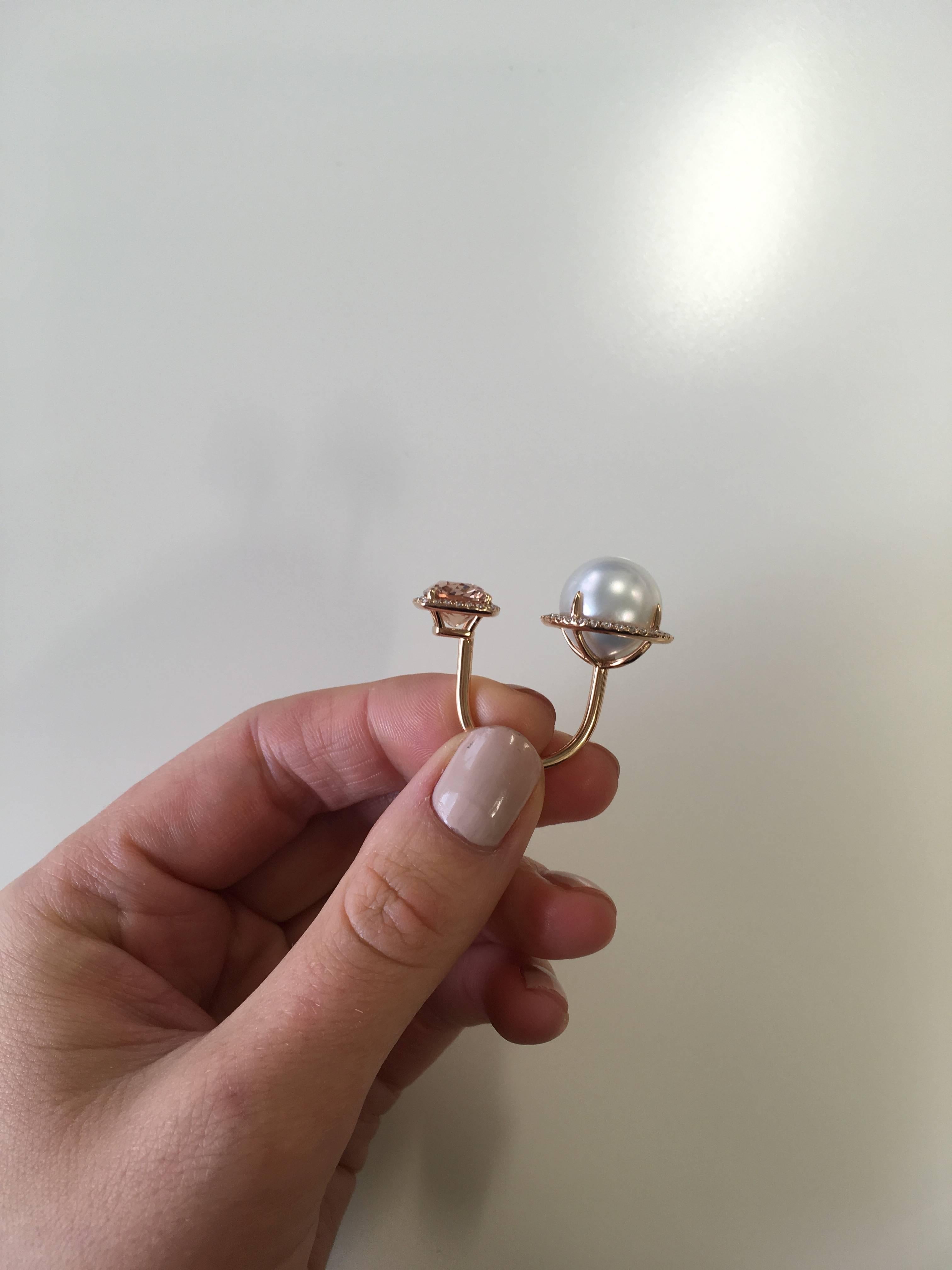 18 Karat Gold, Pink Morganite, White Diamond and South Sea Pearl Cocktail Ring In New Condition For Sale In London, GB