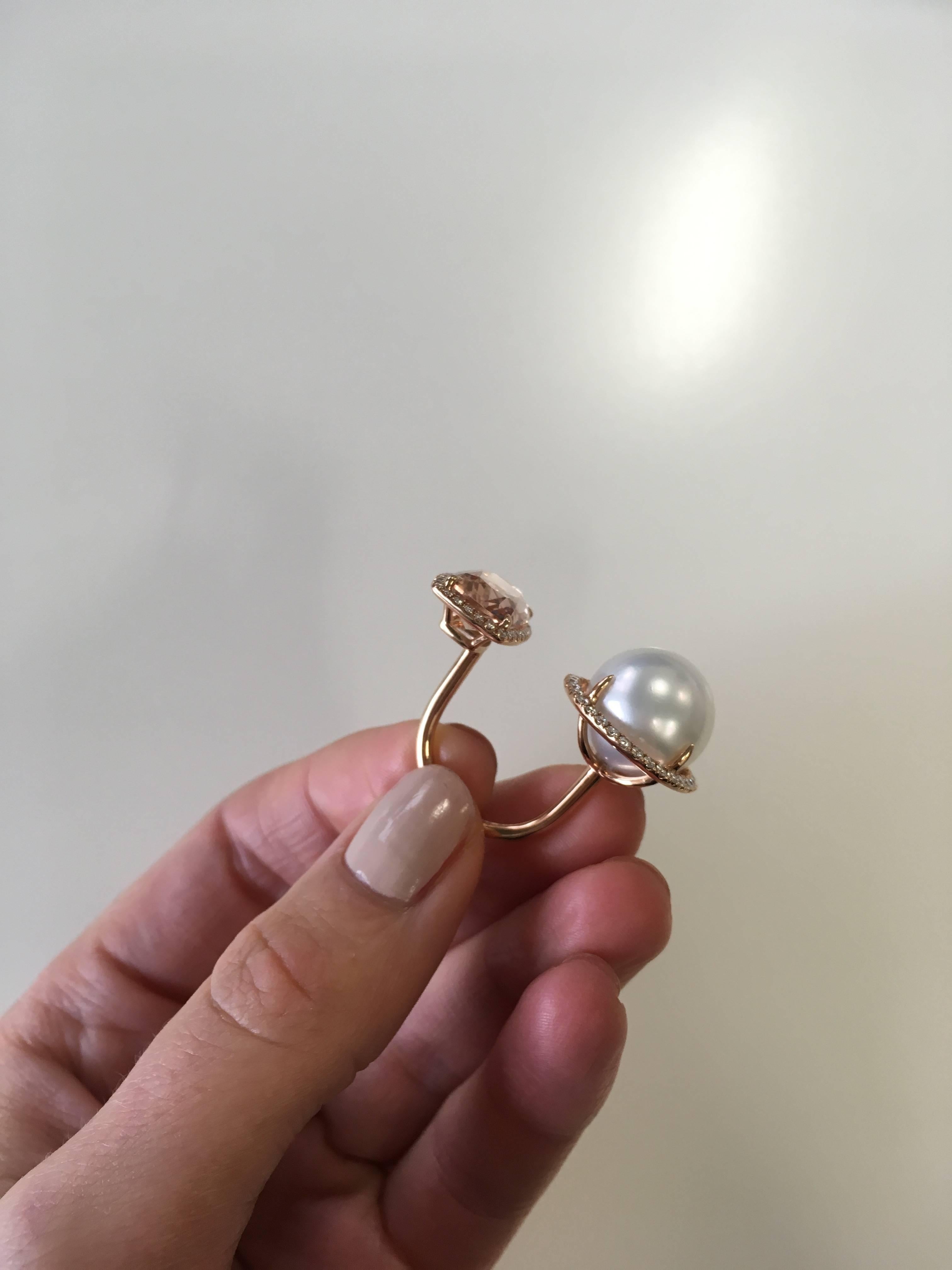 Women's 18 Karat Gold, Pink Morganite, White Diamond and South Sea Pearl Cocktail Ring For Sale