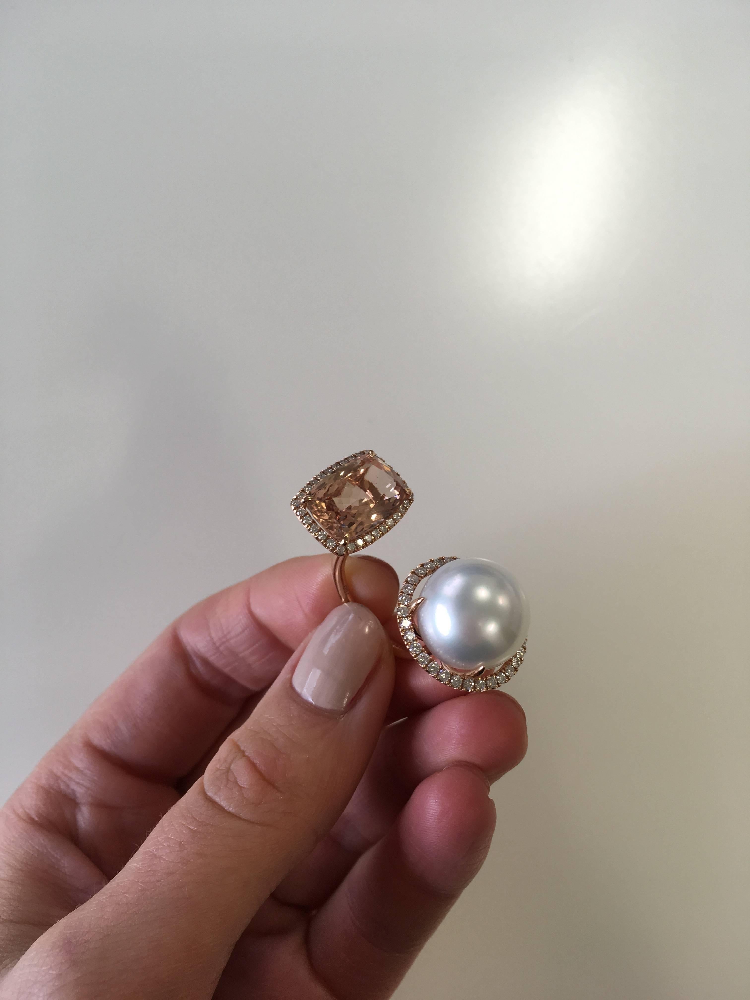 18 Karat Gold, Pink Morganite, White Diamond and South Sea Pearl Cocktail Ring For Sale 1