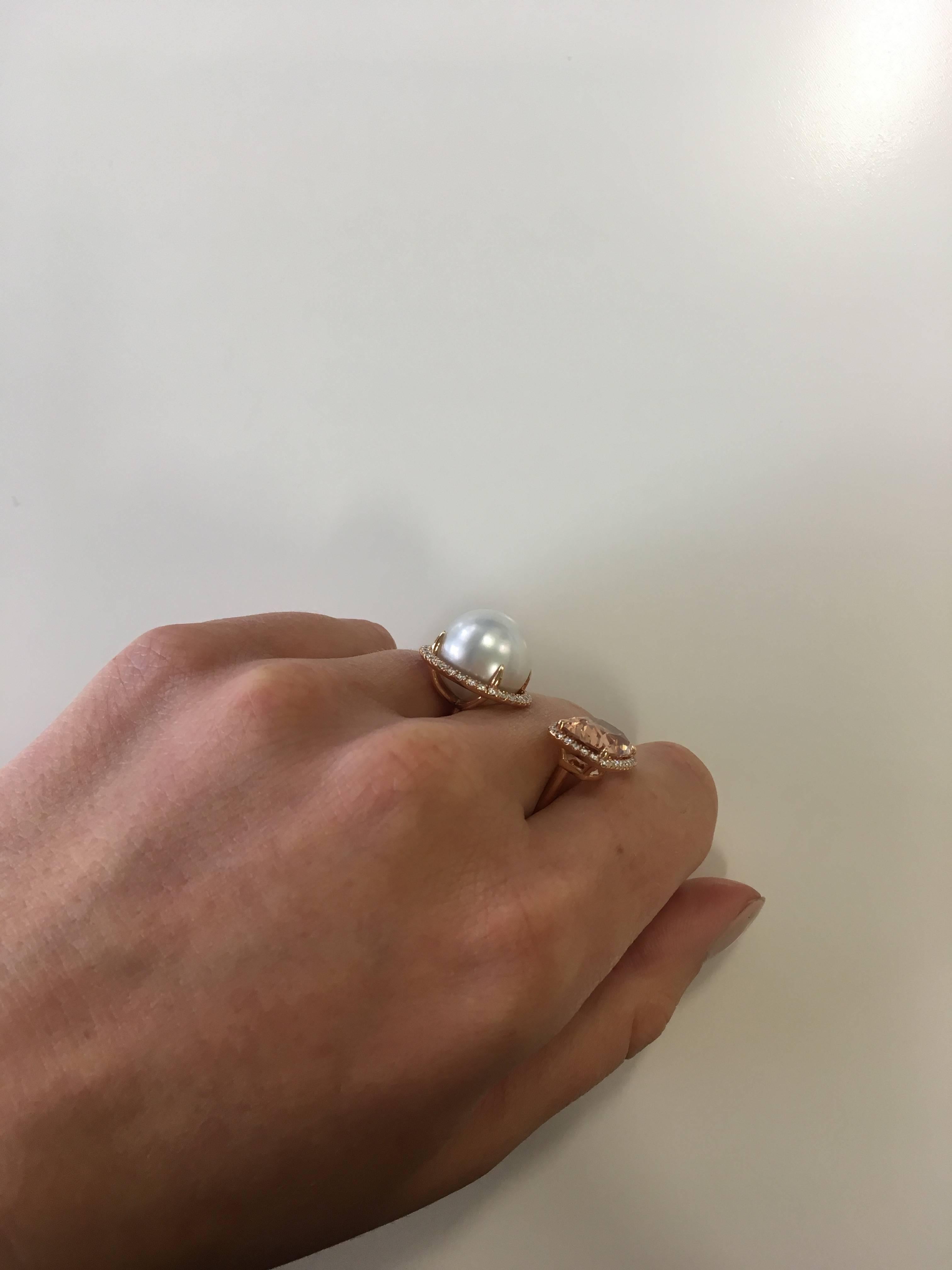18 Karat Gold, Pink Morganite, White Diamond and South Sea Pearl Cocktail Ring For Sale 2