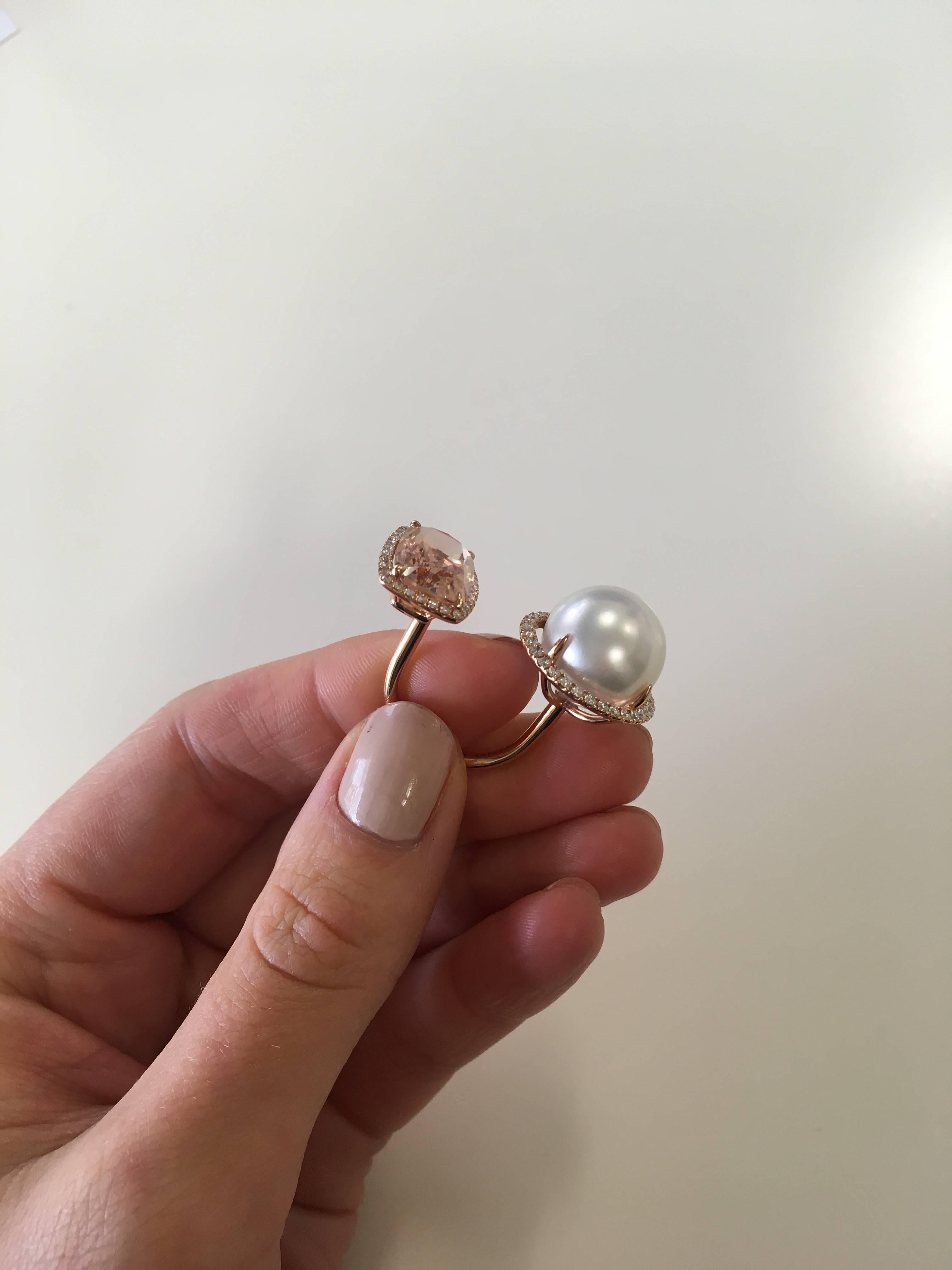 18 Karat Gold, Pink Morganite, White Diamond and South Sea Pearl Cocktail Ring For Sale 3