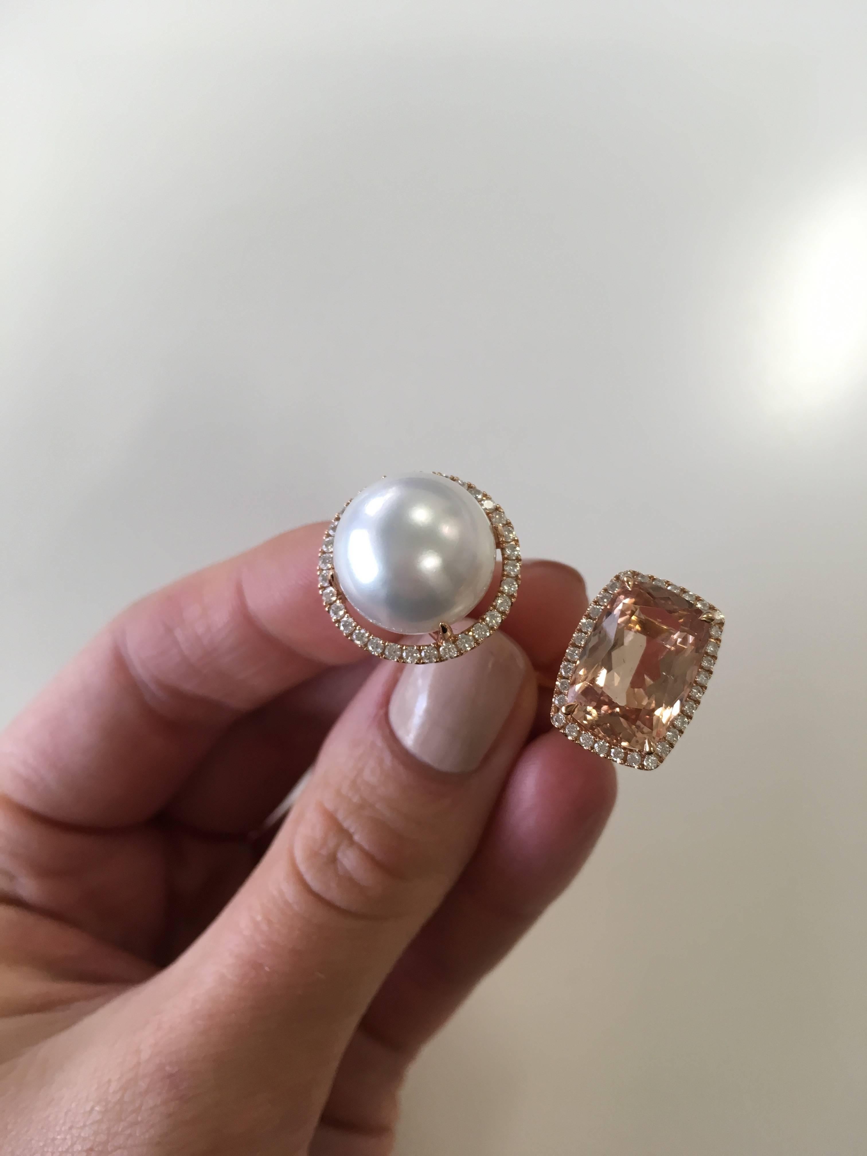 18 Karat Gold, Pink Morganite, White Diamond and South Sea Pearl Cocktail Ring For Sale 4