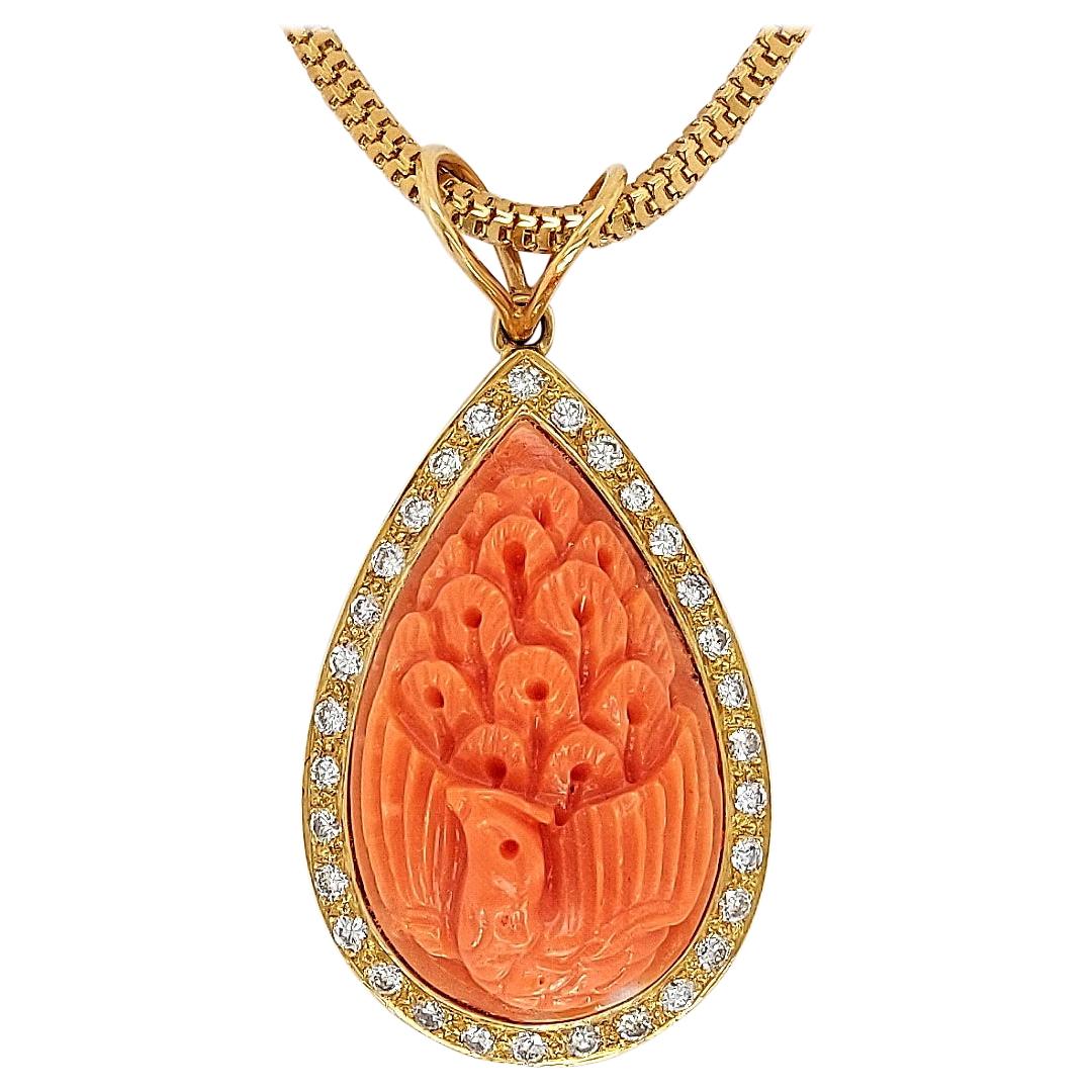 18 Karat Golden Necklace with Carved Coral Pendant and 0.70 Carat Diamonds For Sale