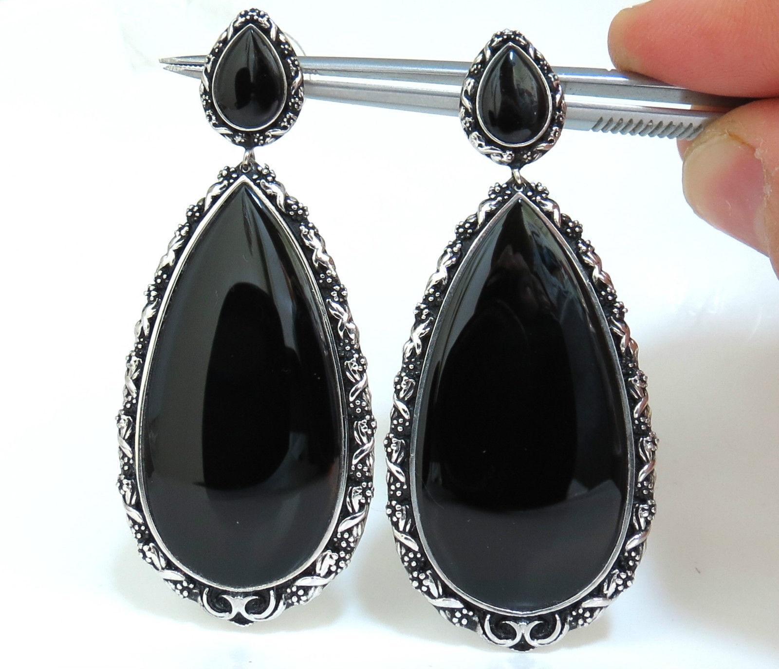 Victorian 18 Karat Gothic Revival Gilt Deco Natural Jet Black Onyx Dangle Earrings For Sale