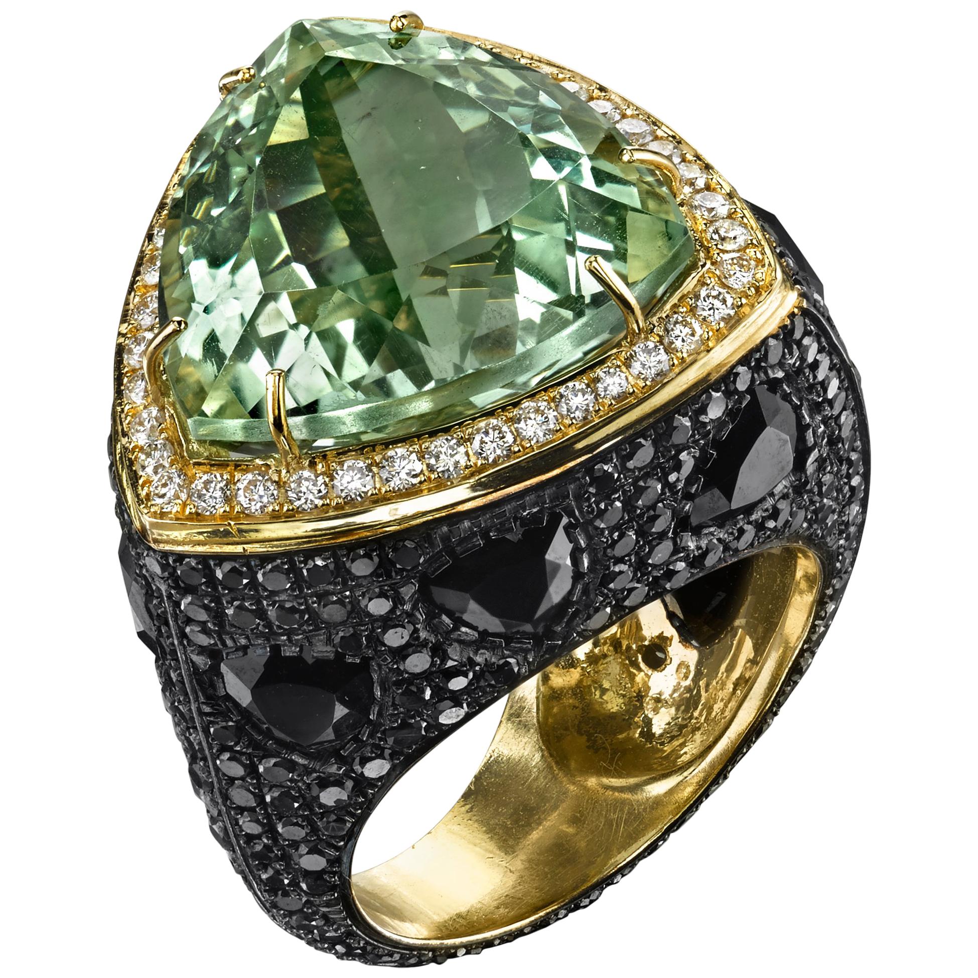 Green Prasiolite Spinel Black Diamond Triangle Cocktail Ring 18k Yellow Gold