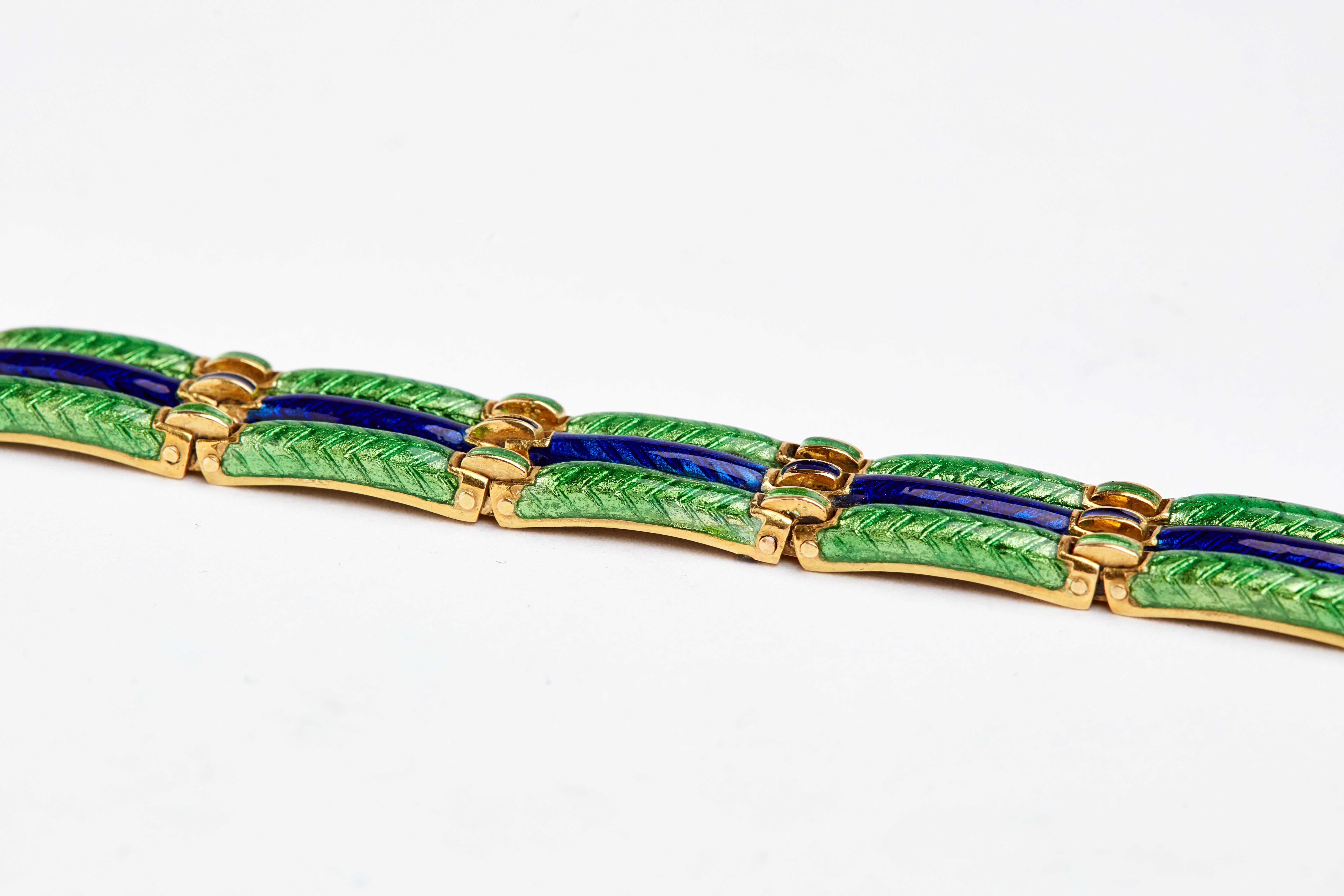 18k Green and Blue Enamel 3 row bracelet