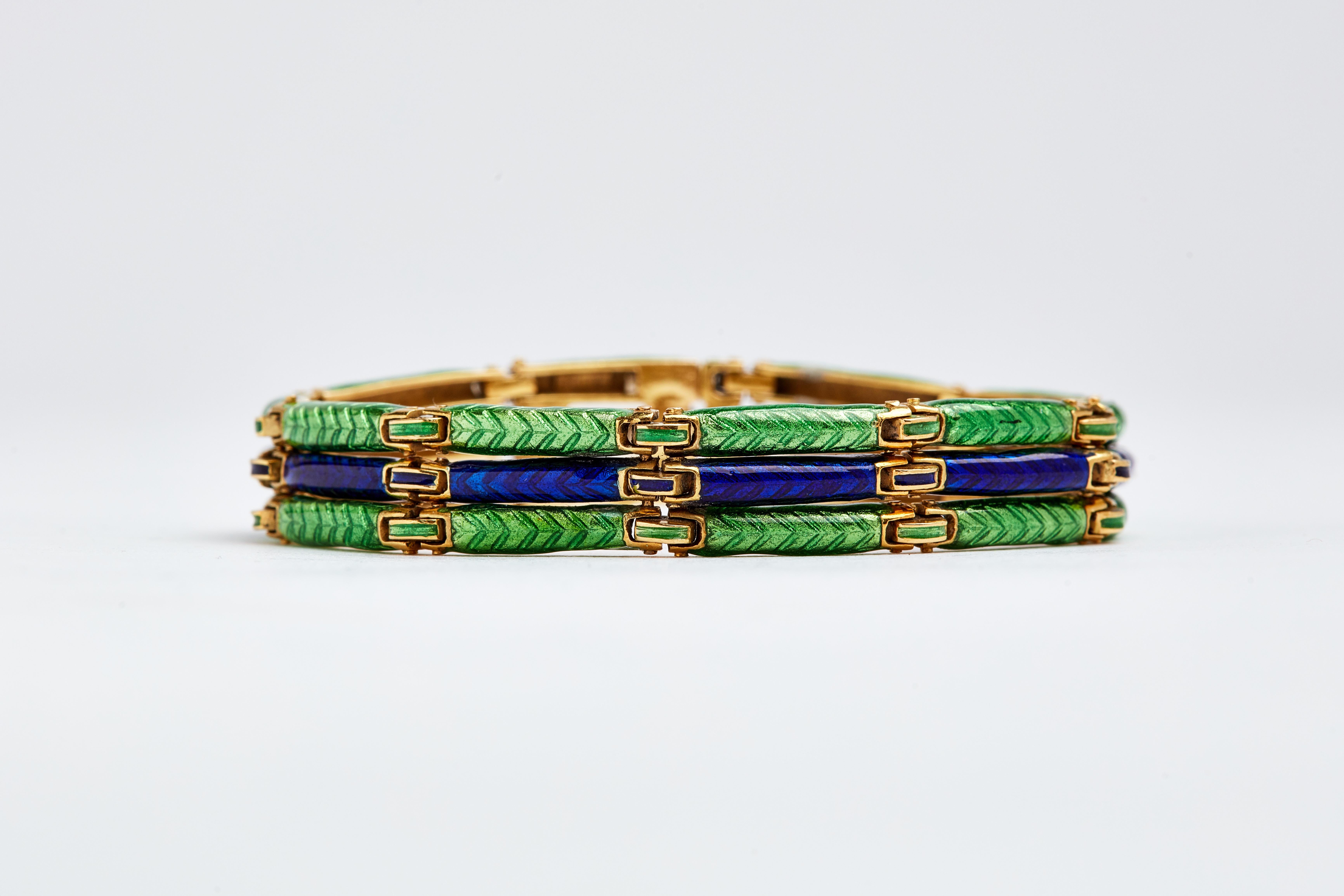 18 Karat Green and Blue Enamel 3-Row Bracelet In Good Condition In New York, NY