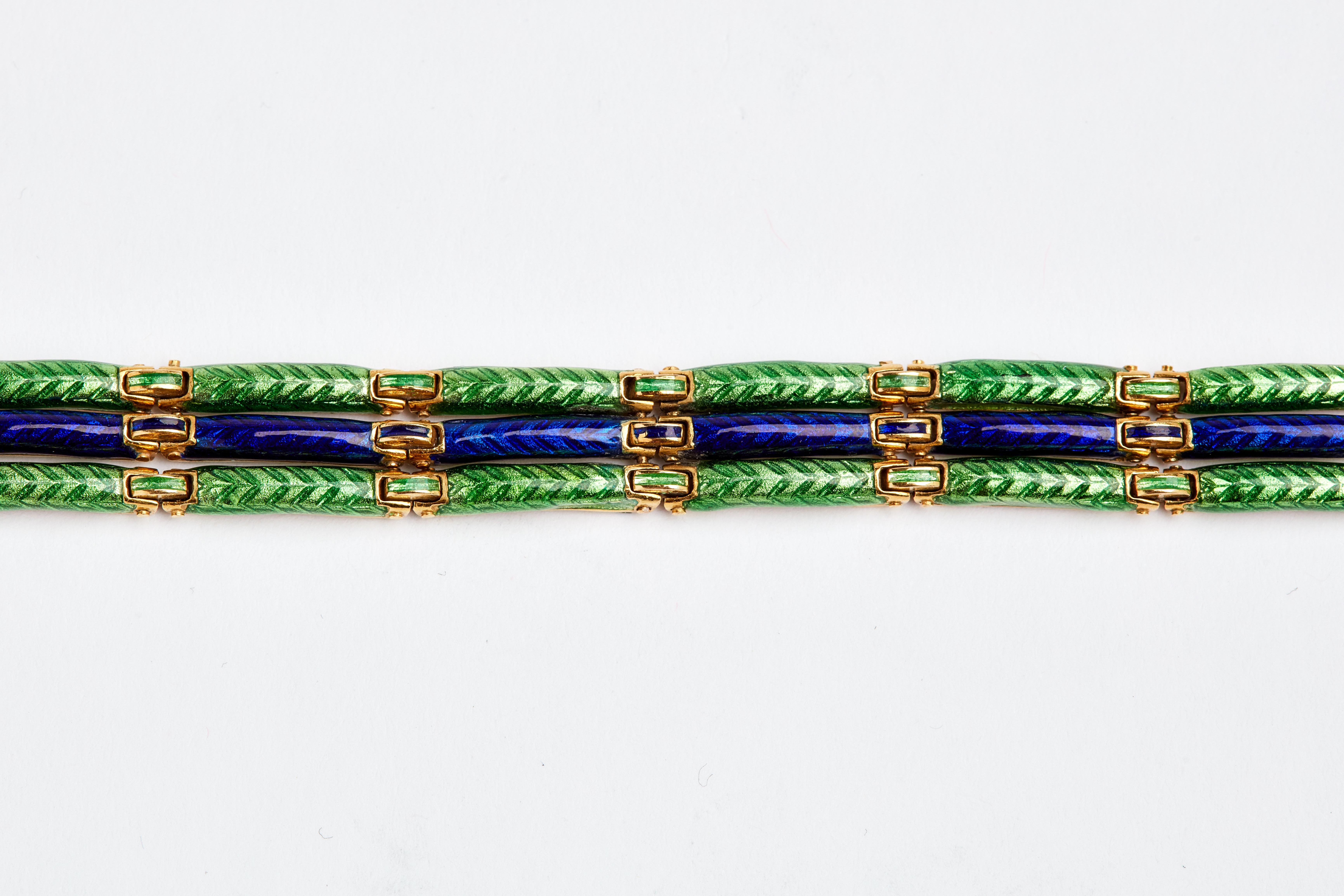18 Karat Green and Blue Enamel 3-Row Bracelet 1