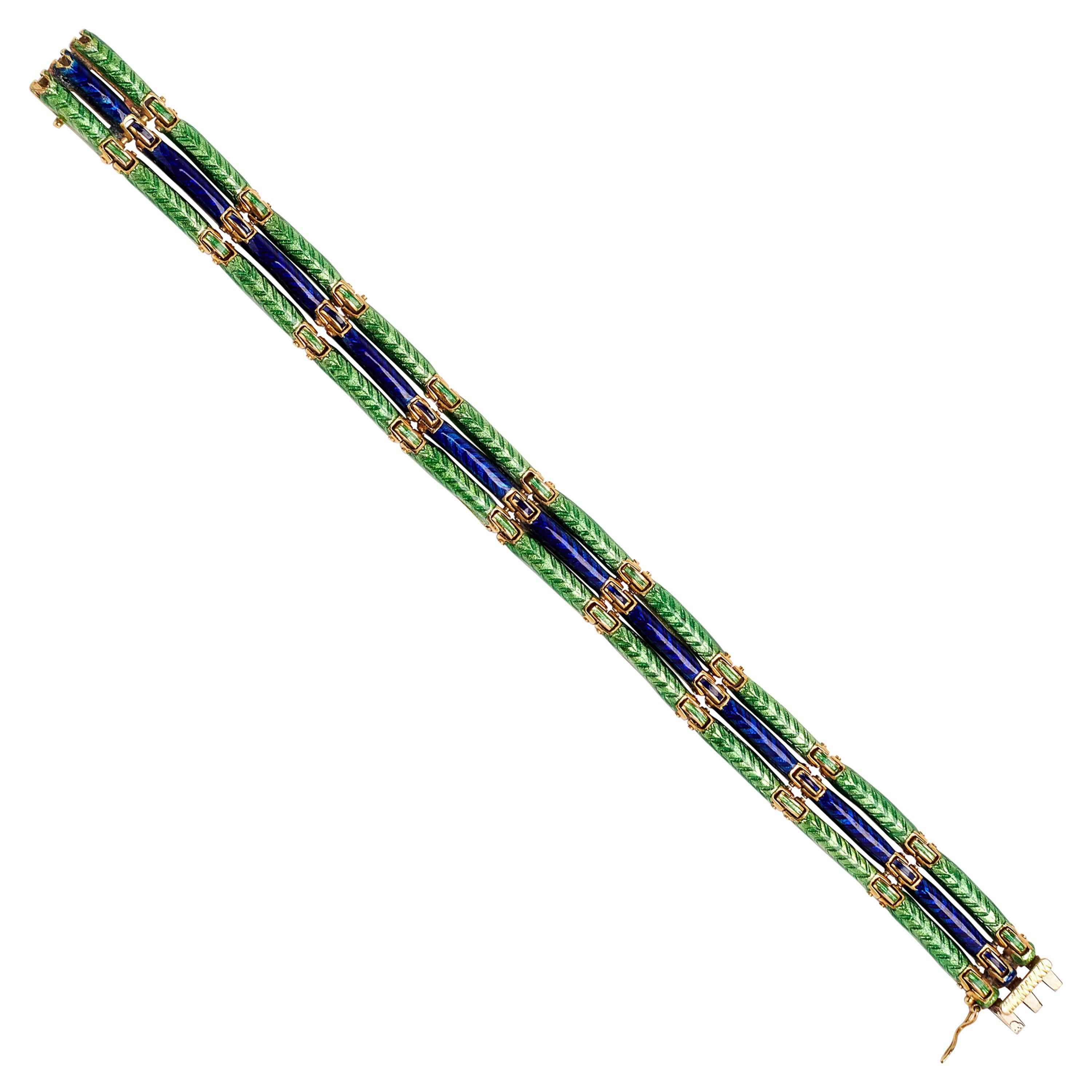 18 Karat Green and Blue Enamel 3-Row Bracelet