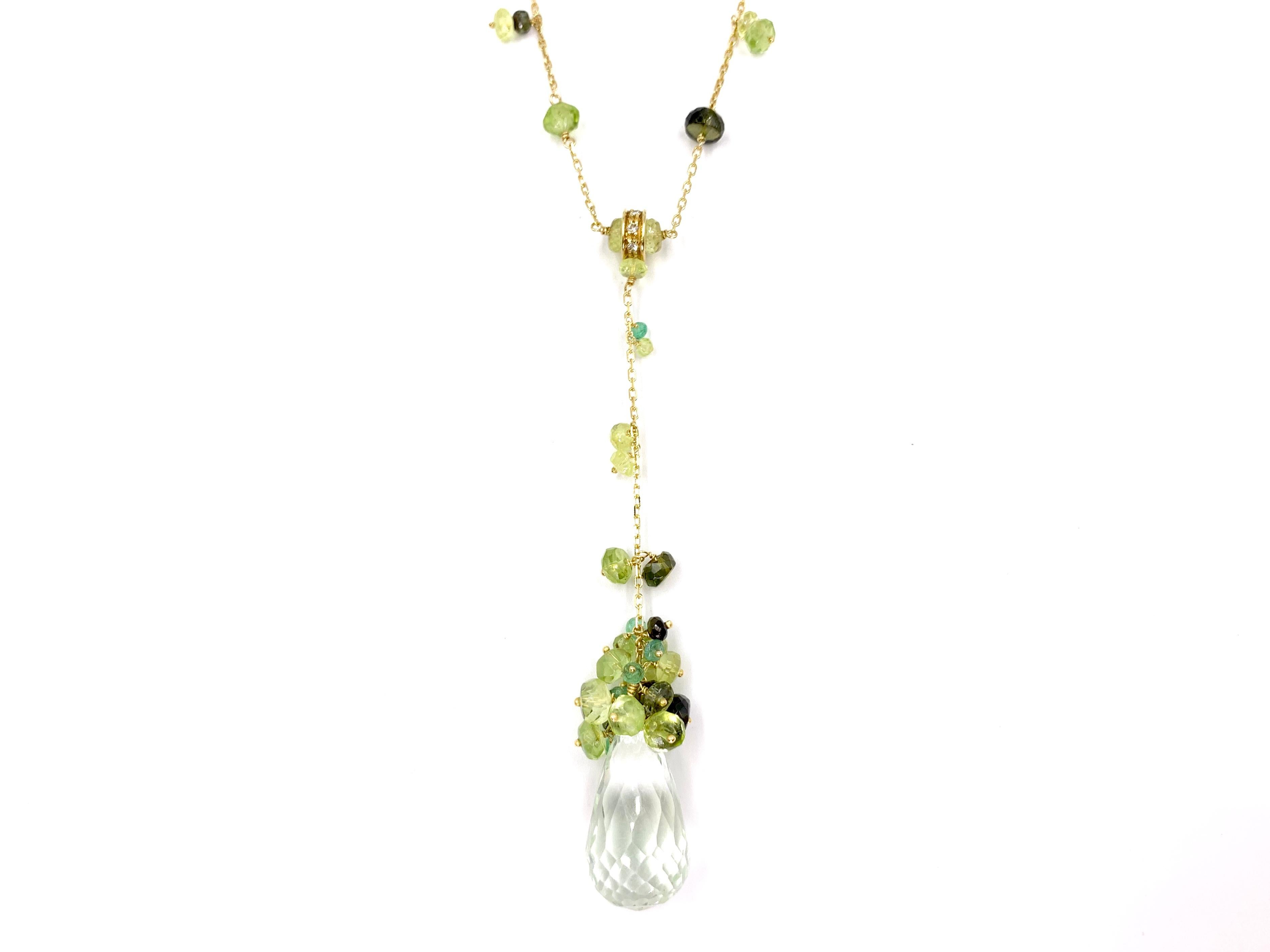 18 Karat Green Gemstone Lariat Mariani Necklace In Excellent Condition For Sale In Pikesville, MD