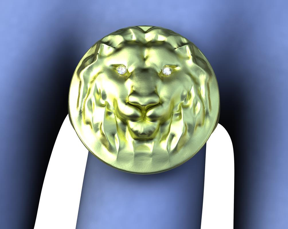 18 Karat Green Diamond Lion Head Signet Ring 2
