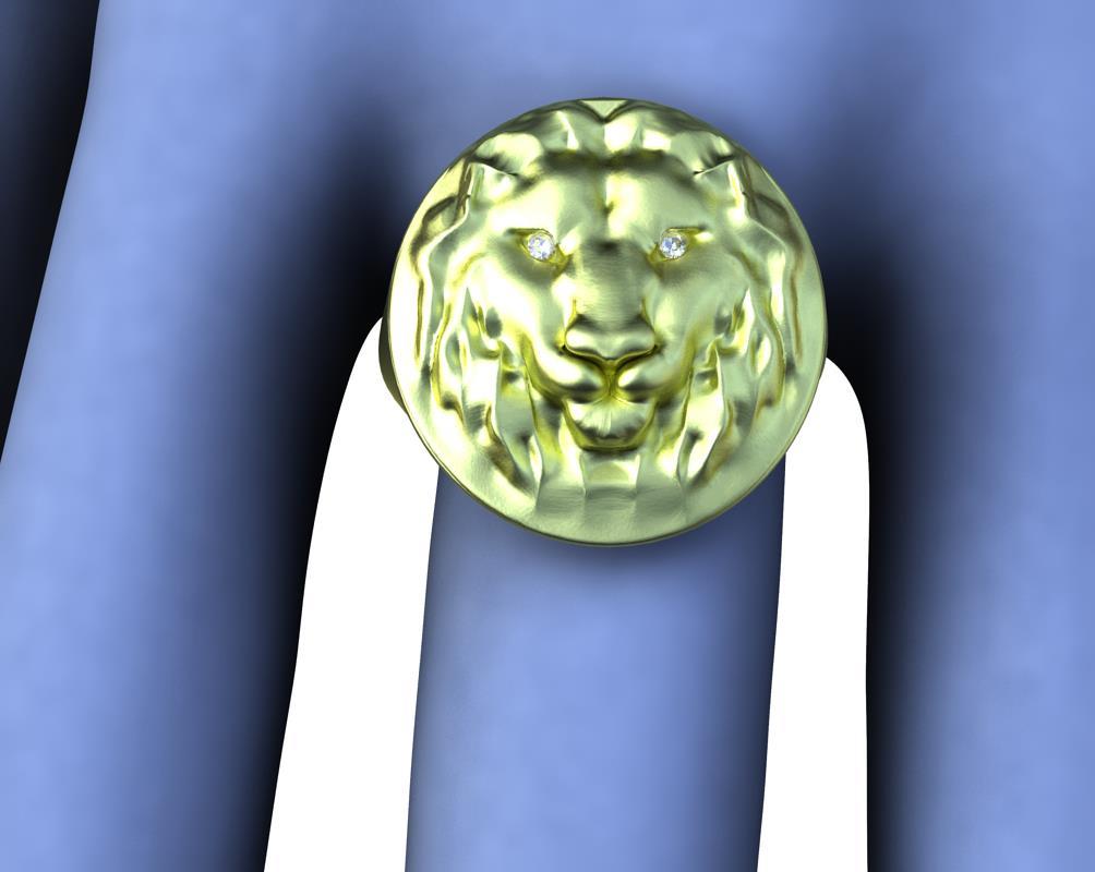 For Sale:  18 Karat Green Diamond Lion Head Signet Ring 5