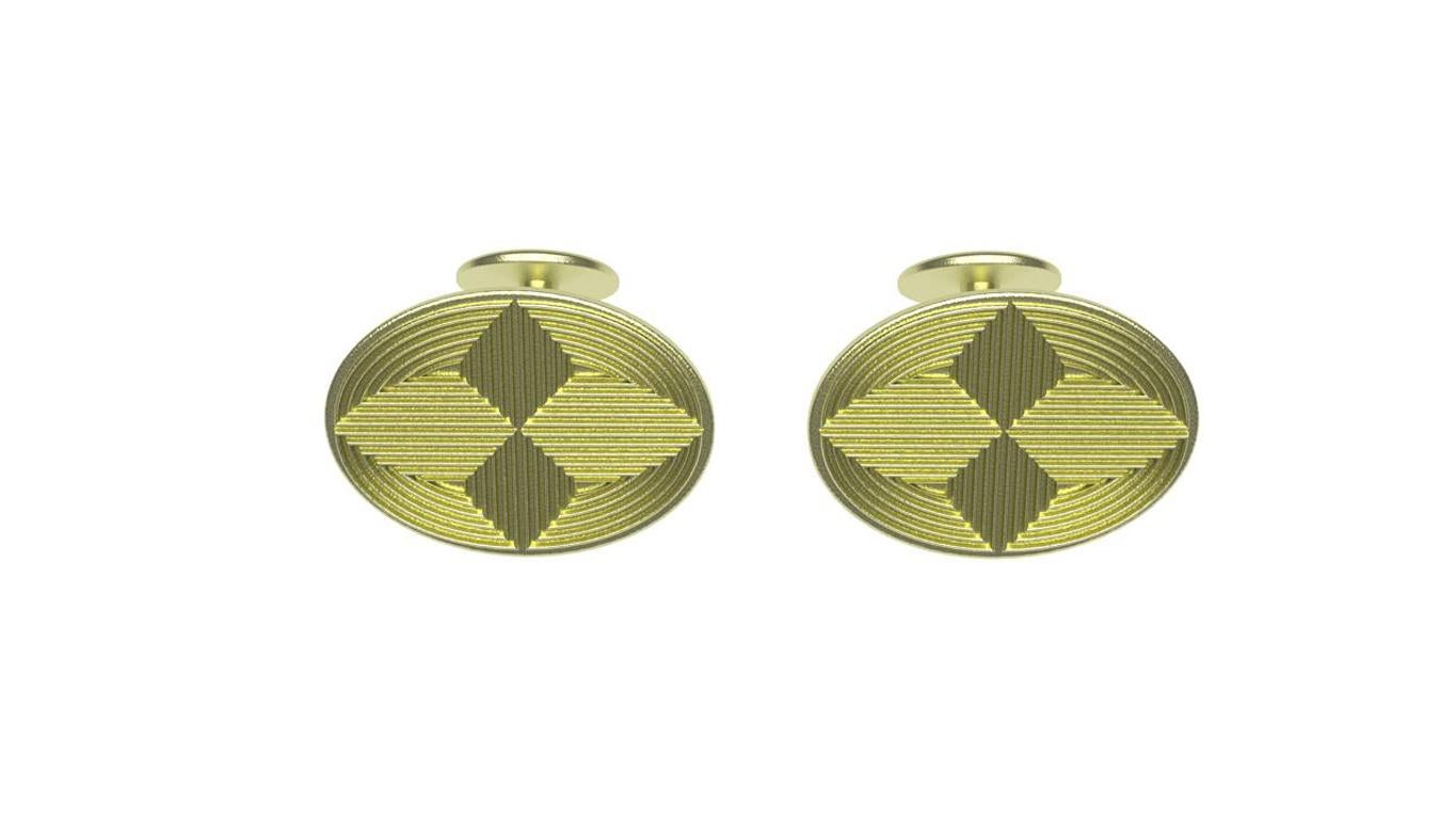 18ky Green Gold Star Lines Cufflinks,  These are inspired from Op Art works. It is a form of abstract art and is closely connected to Kinetic and Constructivist movements. It is how to use light and the reflections it creates. Using geometric