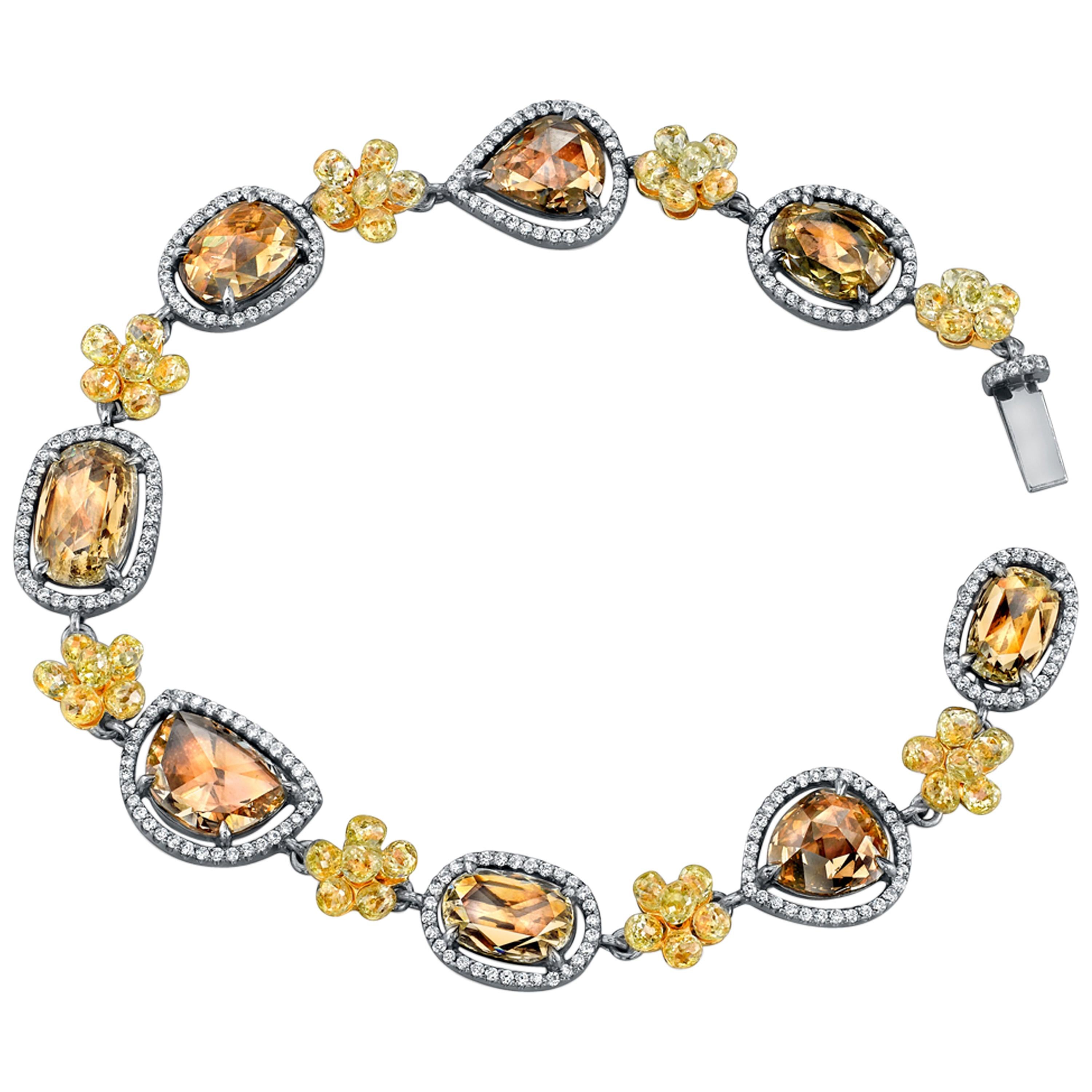 18 Karat Grey Gold Rose Cut Bracelet with White and Fancy Yellow Diamonds For Sale