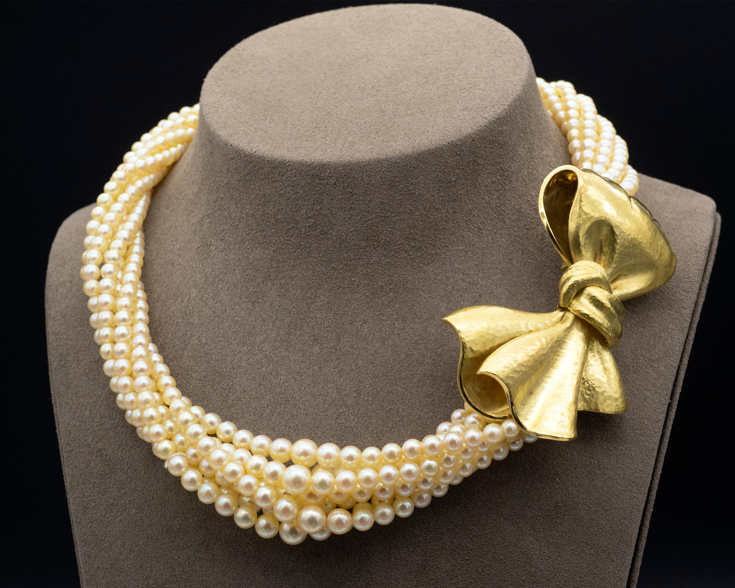 Contemporary 18 Karat Hammered Gold and Pearl Bow Necklace
