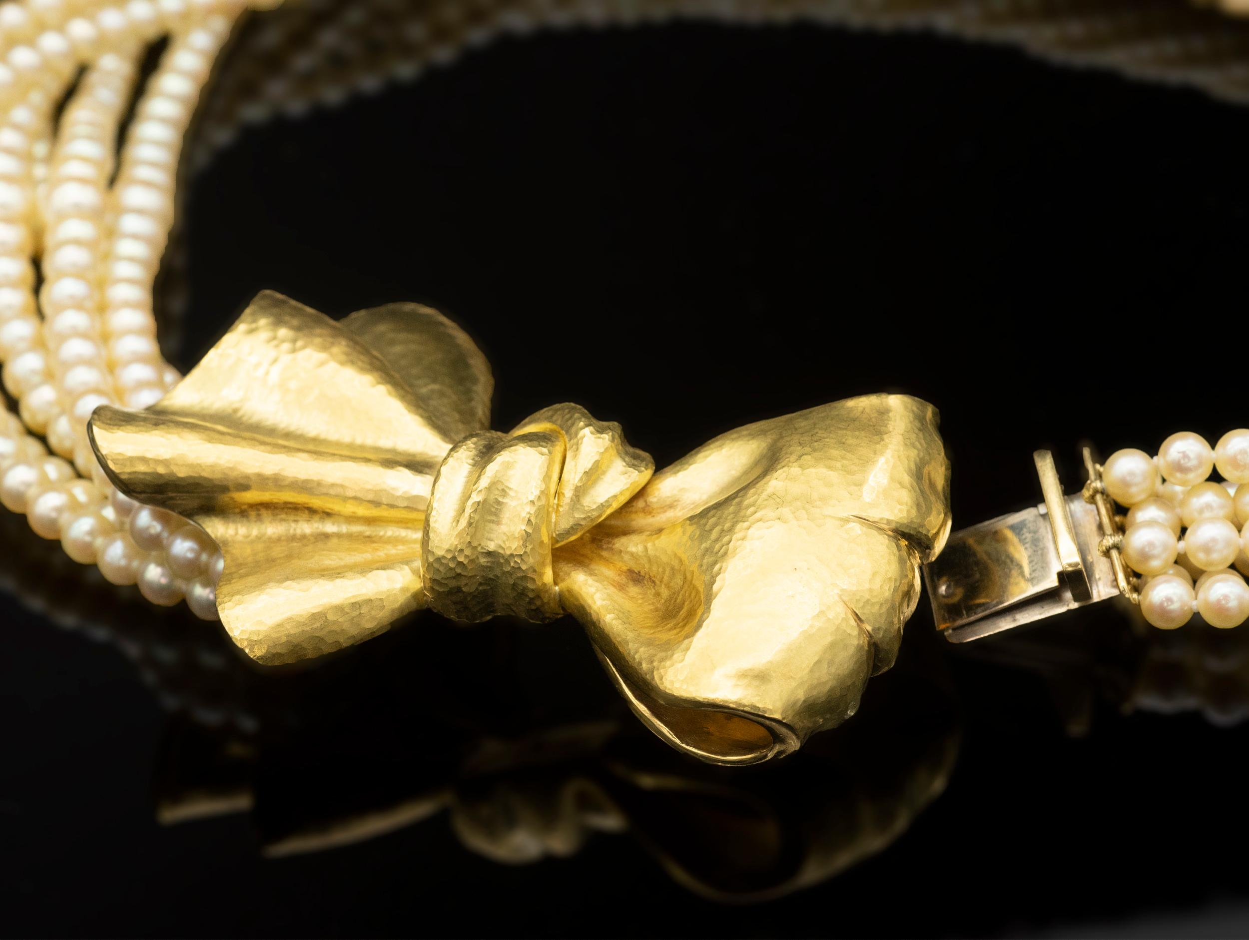 Bead 18 Karat Hammered Gold and Pearl Bow Necklace