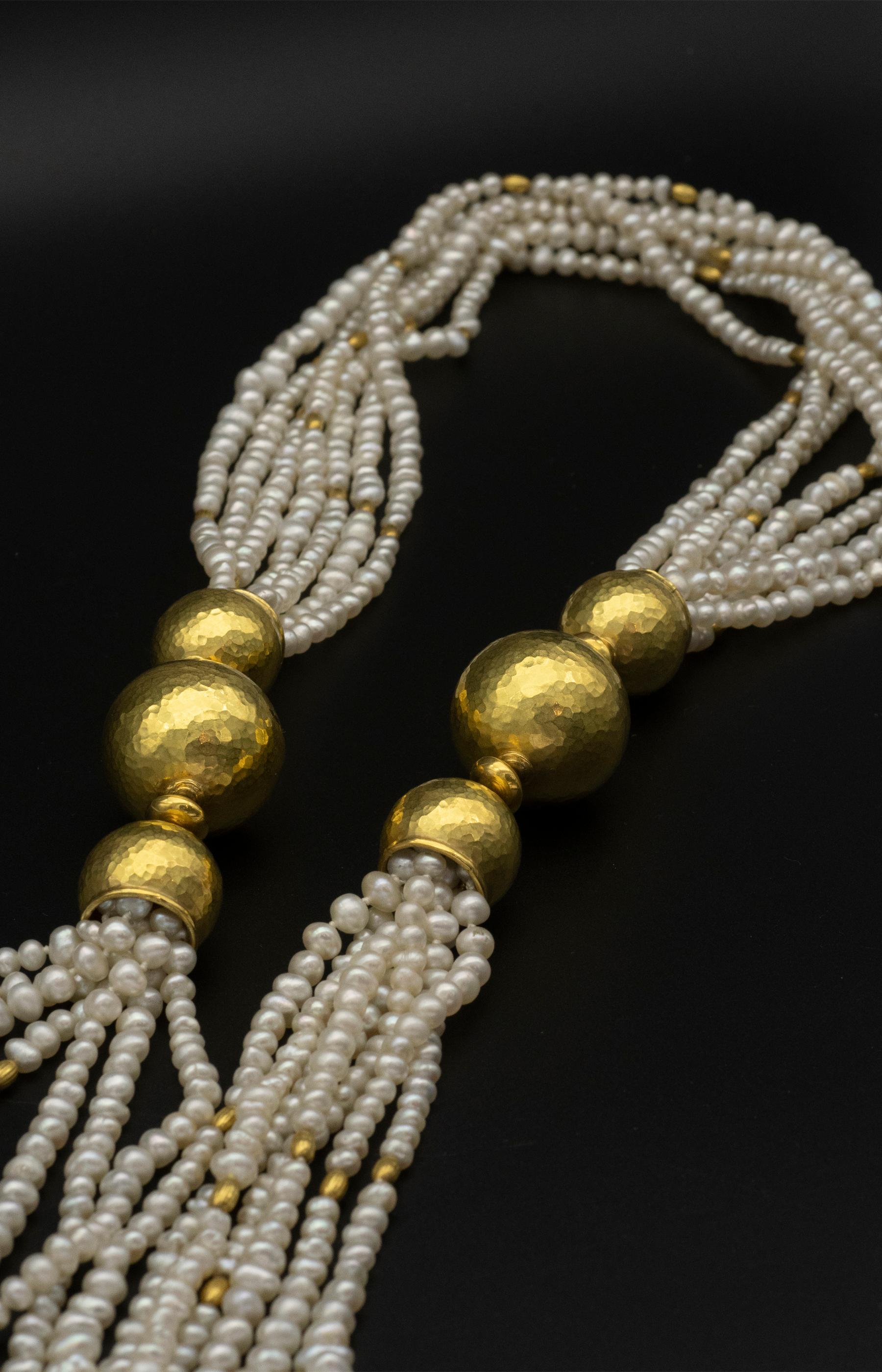 Bead 18 Karat Hammered Gold and Pearl Rope Necklace and Earrings Set For Sale