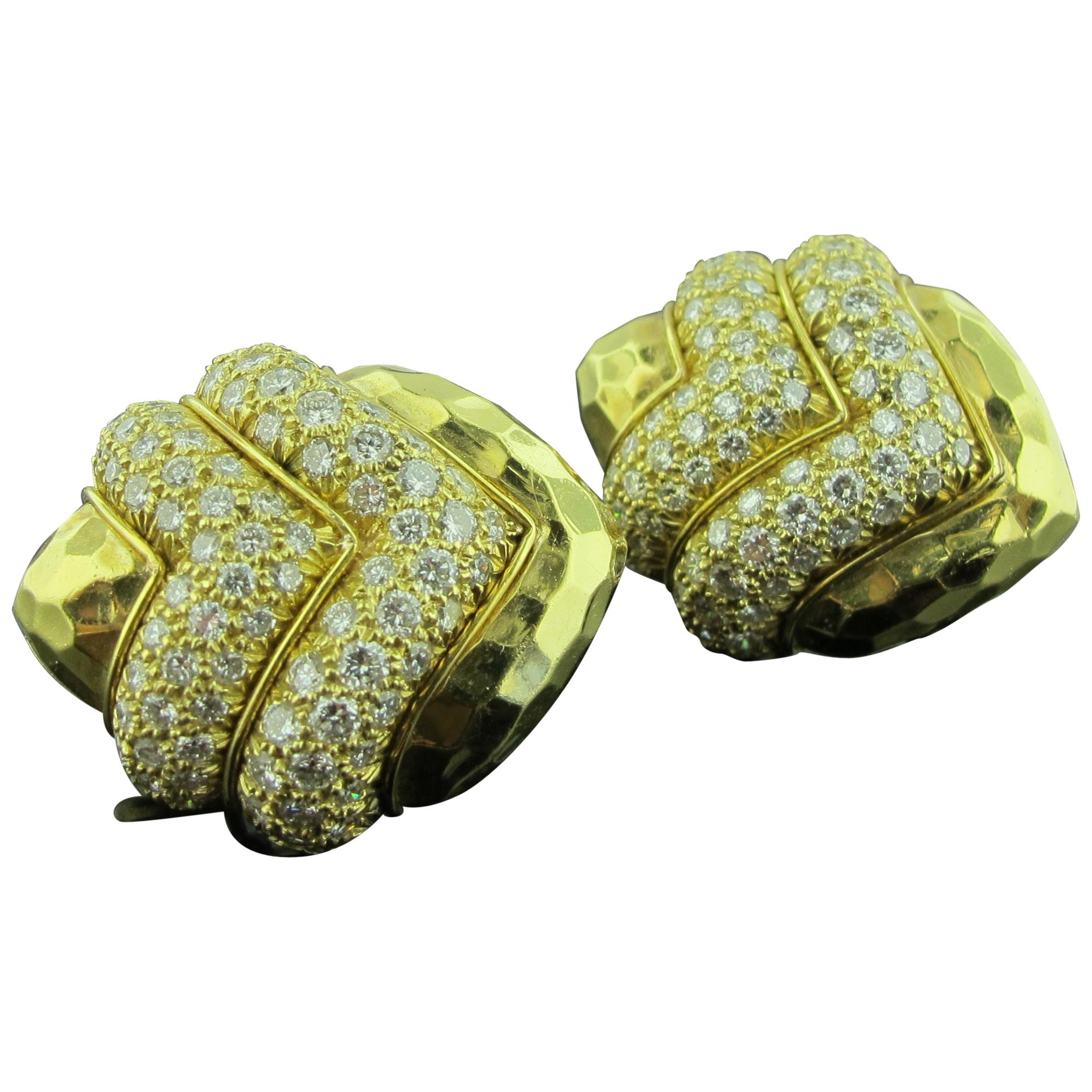 18 karat Hammered Yellow Gold and Diamond Earrings 2.25 Carat