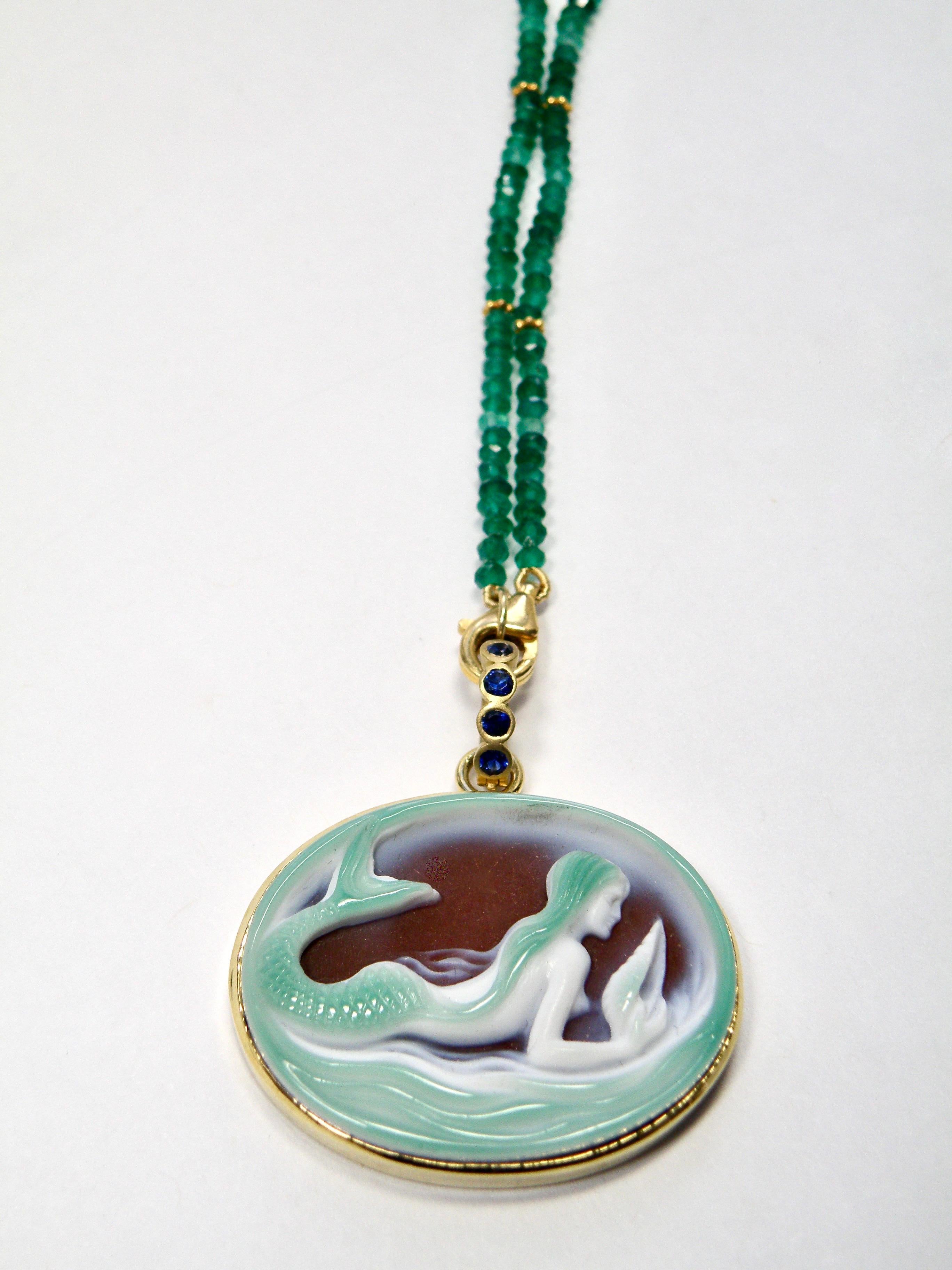 18 Karat Oval Hand Carved Layered Agate Mermaid by Master Idar Obenstein Carverwith 18 Karat Sapphire Detachable Bail One-of-a kind Pendant