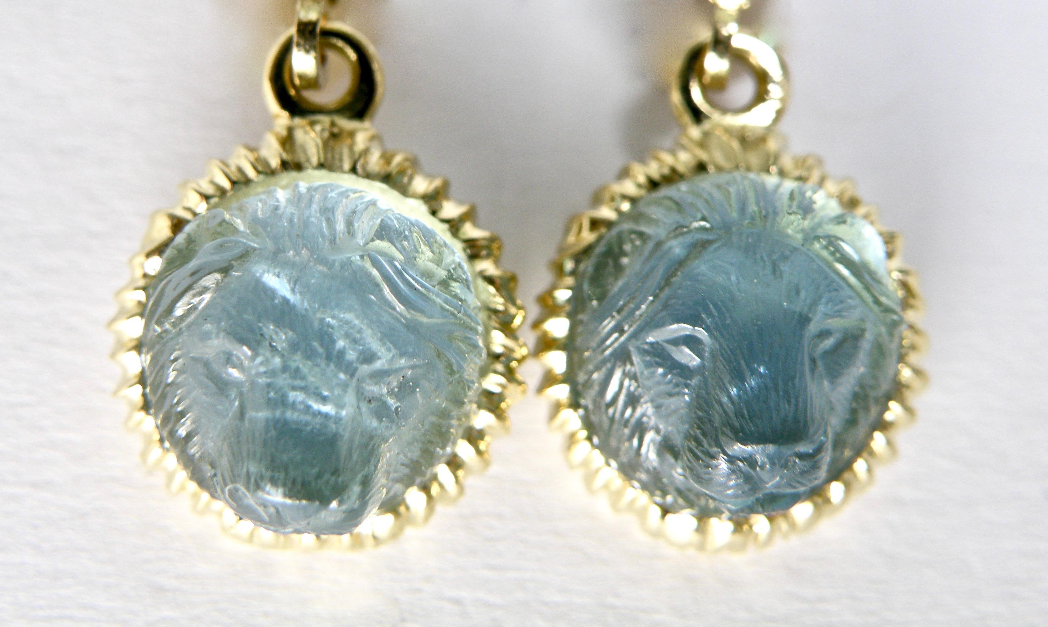 18 karat gold hand carved aquamarine lions head earrings by Master carver in Idar Oberstien , Germany
