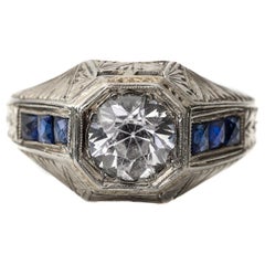 Antique 18 Karat Hand Carved Art Deco Men's Ring 2 Carat White Sapphire Old Euro Blue