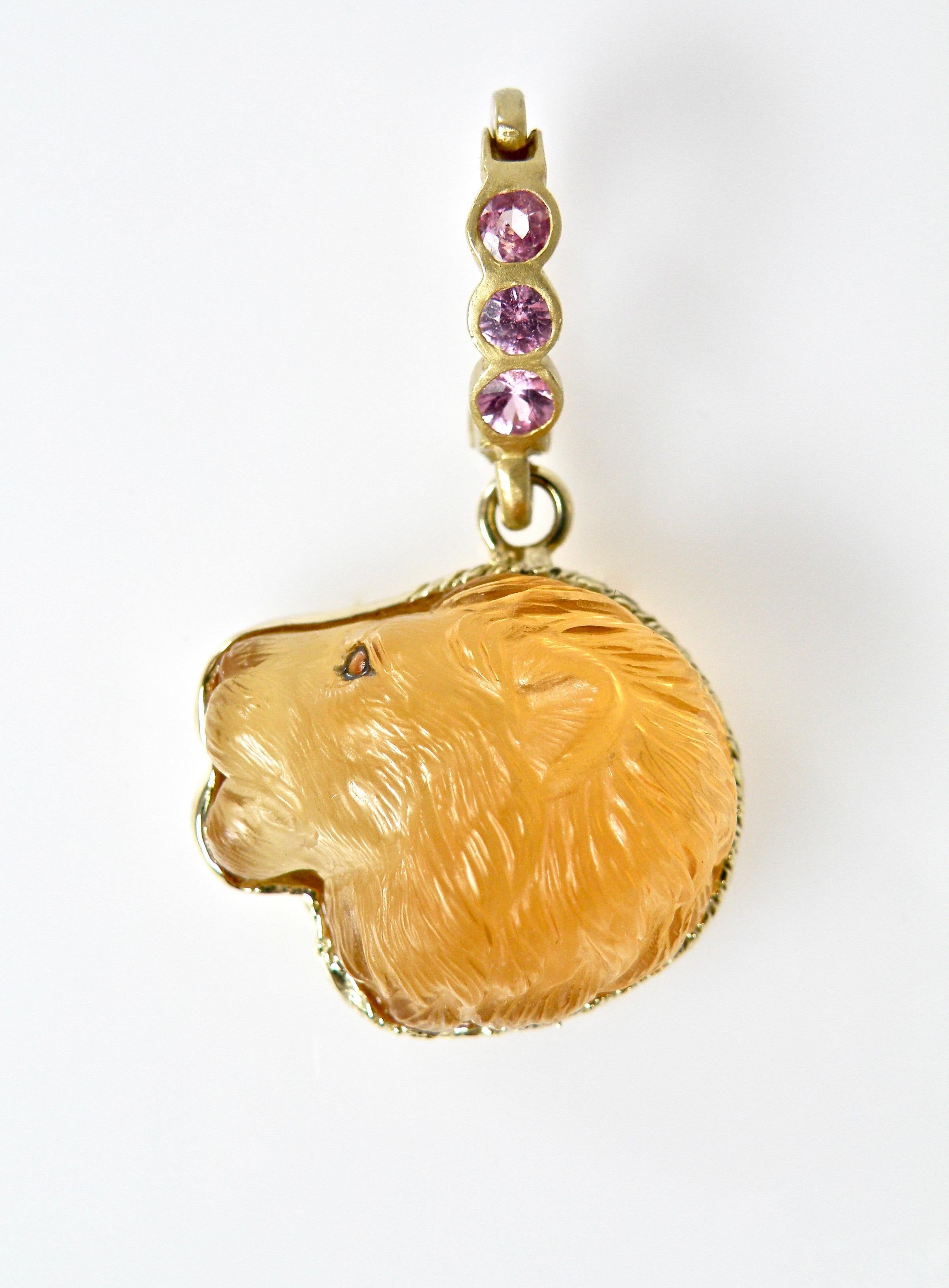Women's or Men's 18 Karat Hand Carved Citrine Lionshead with Sapphire Bail For Sale