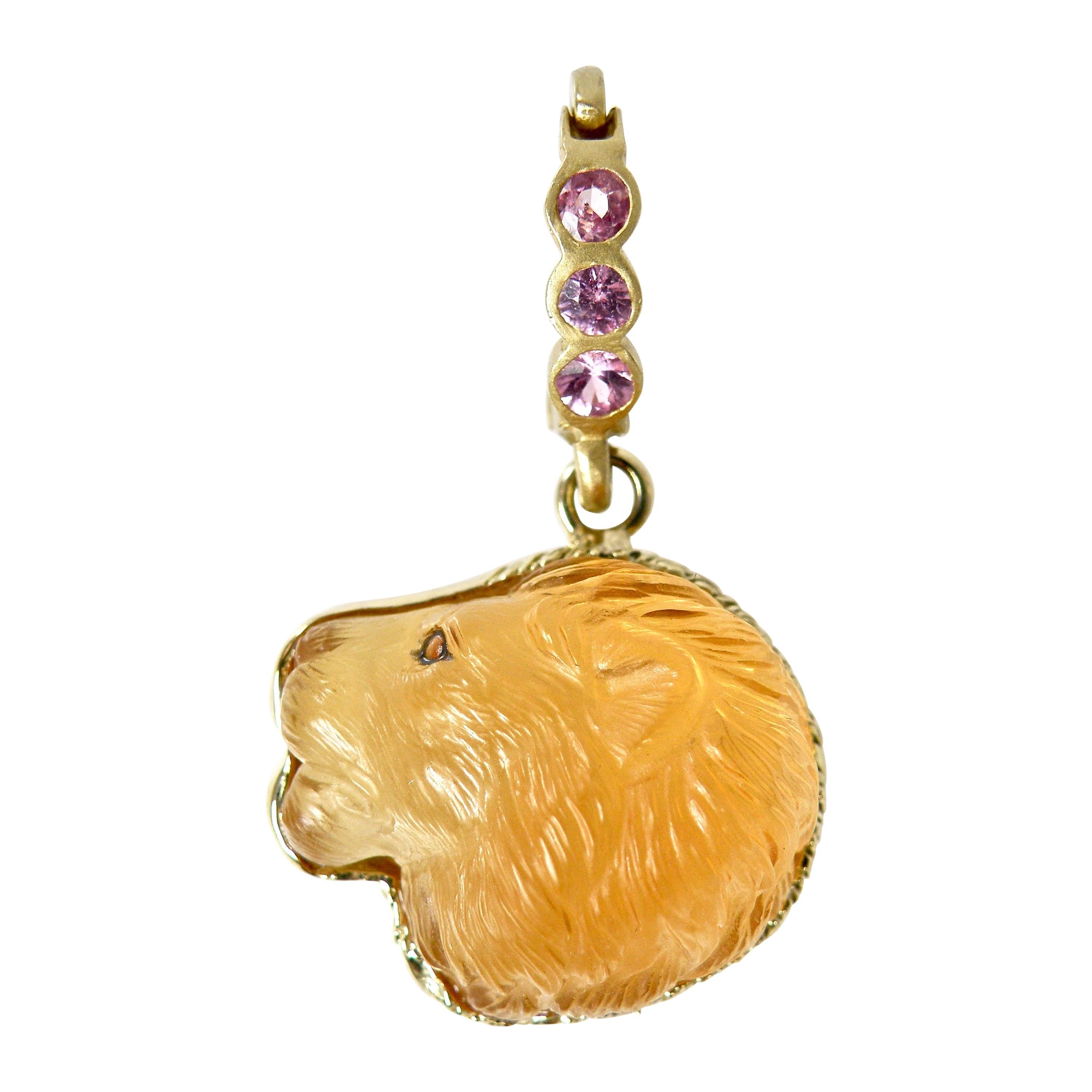 18 Karat Hand Carved Citrine Lionshead with Sapphire Bail For Sale