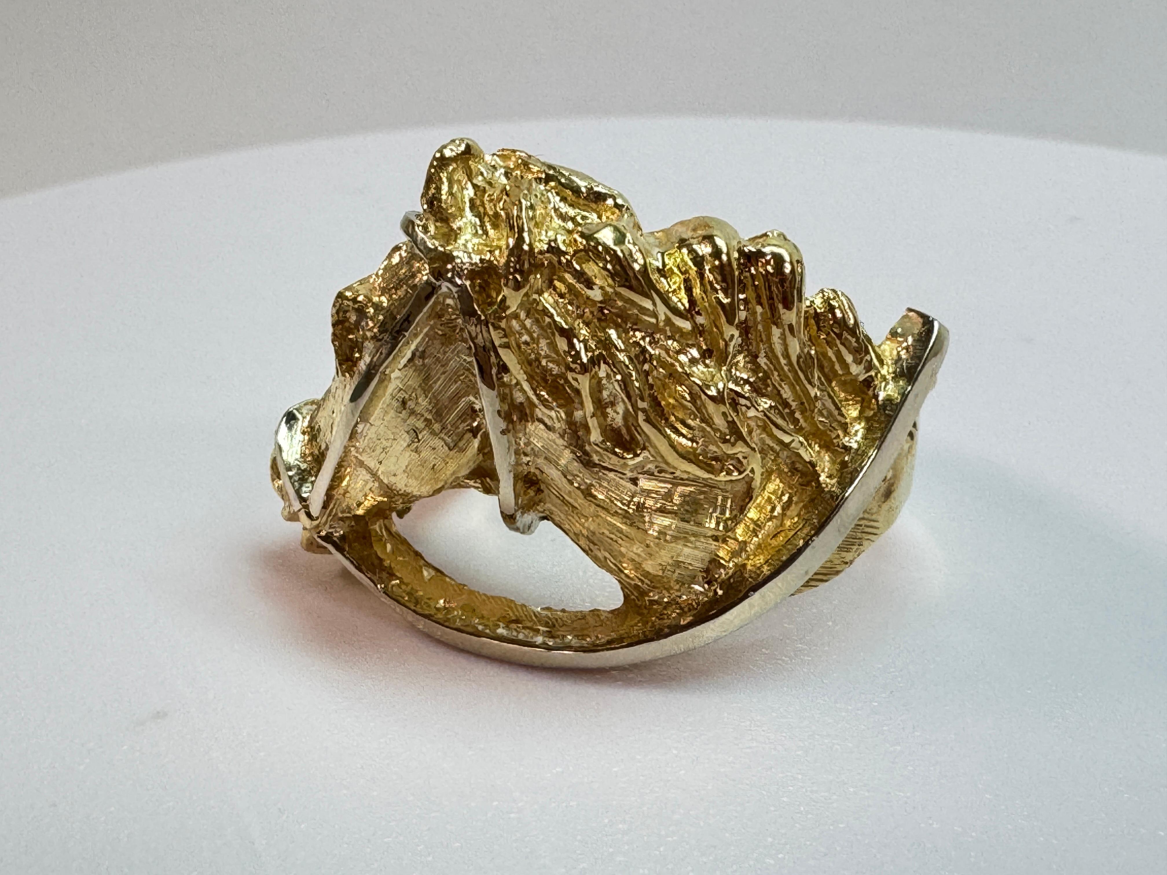 Modern 18 Karat Hand Carved Gold Horse Head Ring For Sale
